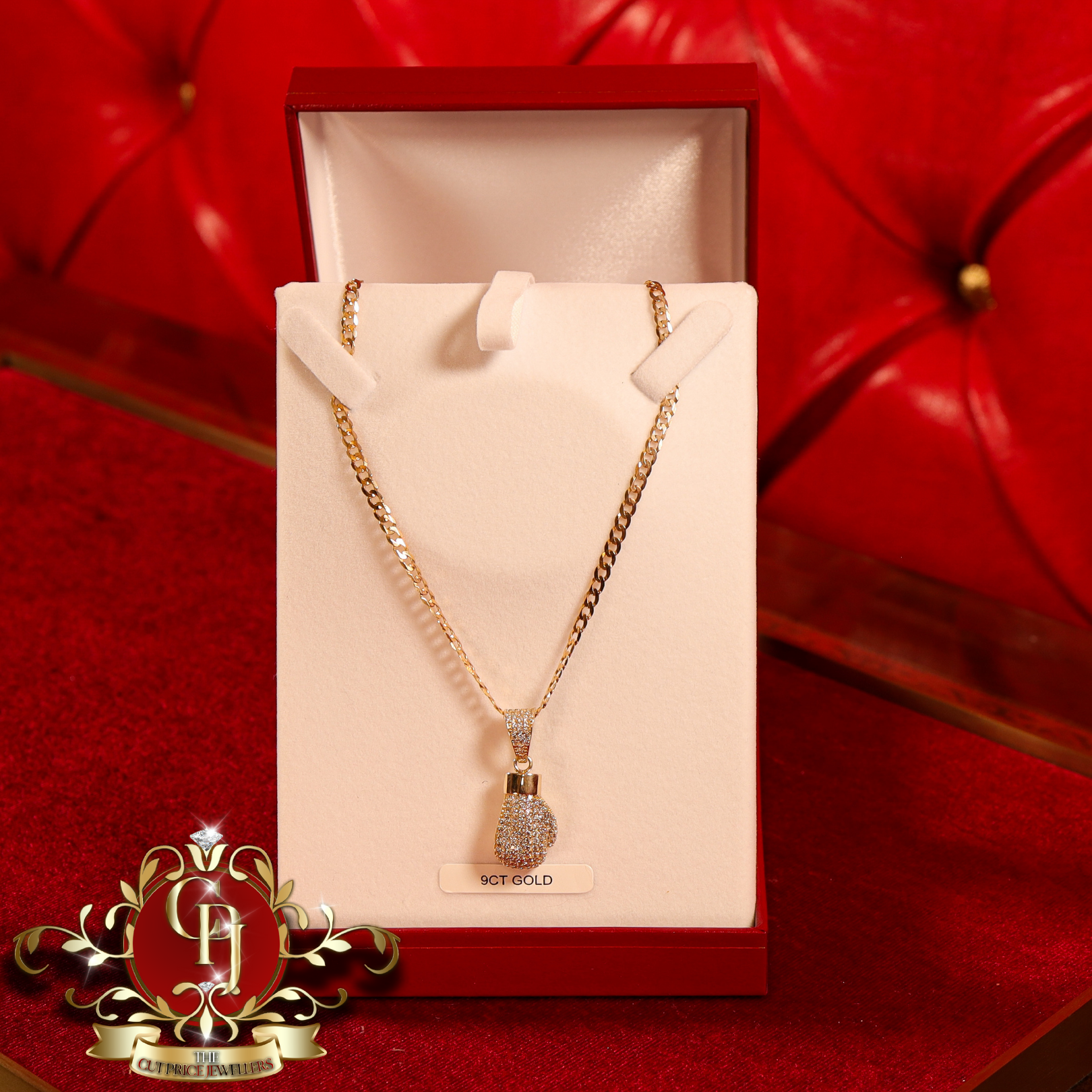 9ct Gold Flat Curb Chain with CZ Single Boxing Glove