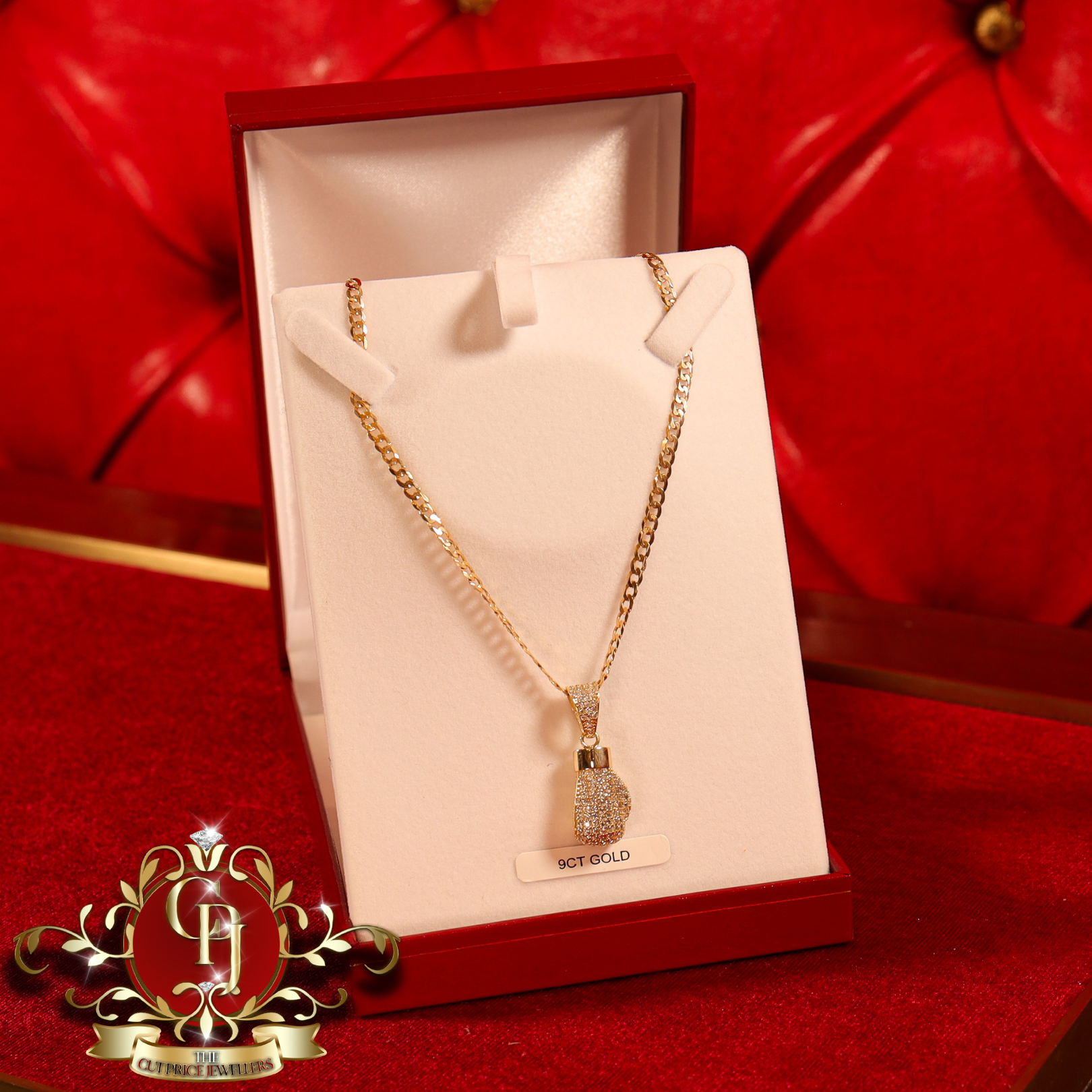 9ct Gold Flat Curb Chain with CZ Single Boxing Glove