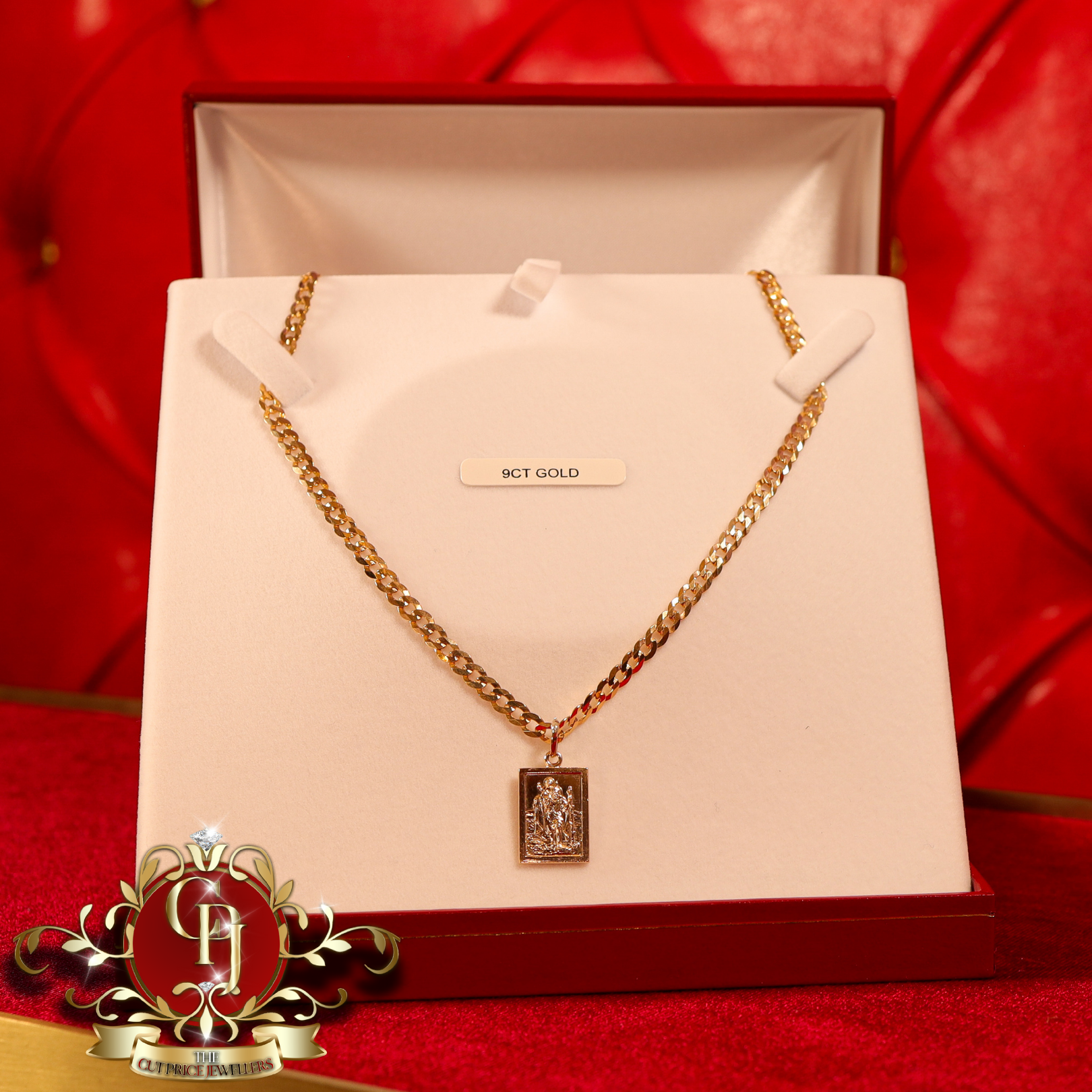 9ct Gold St. Christopher Pendant & Flat Curb Chain