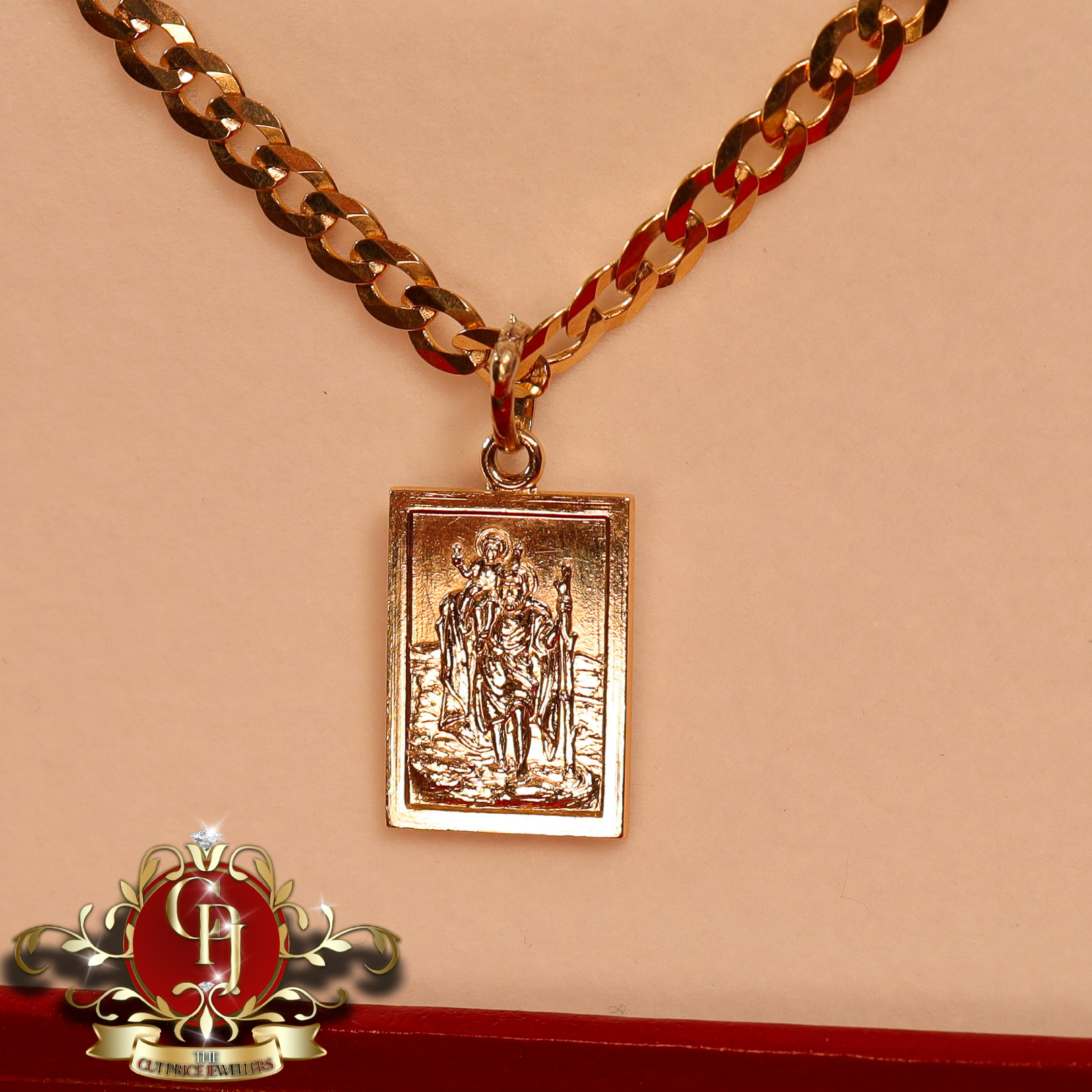 9ct Gold St. Christopher Pendant & Flat Curb Chain