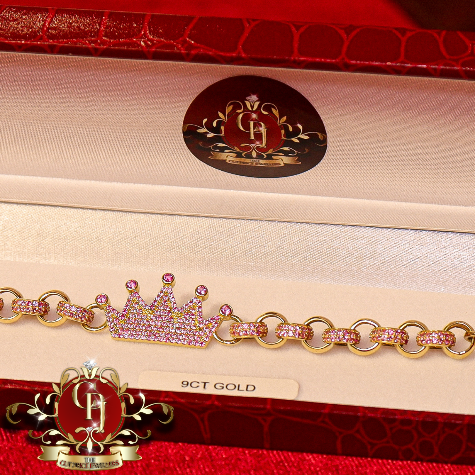 9ct Gold Belcher Bracelet with Pink Cubic Zirconia