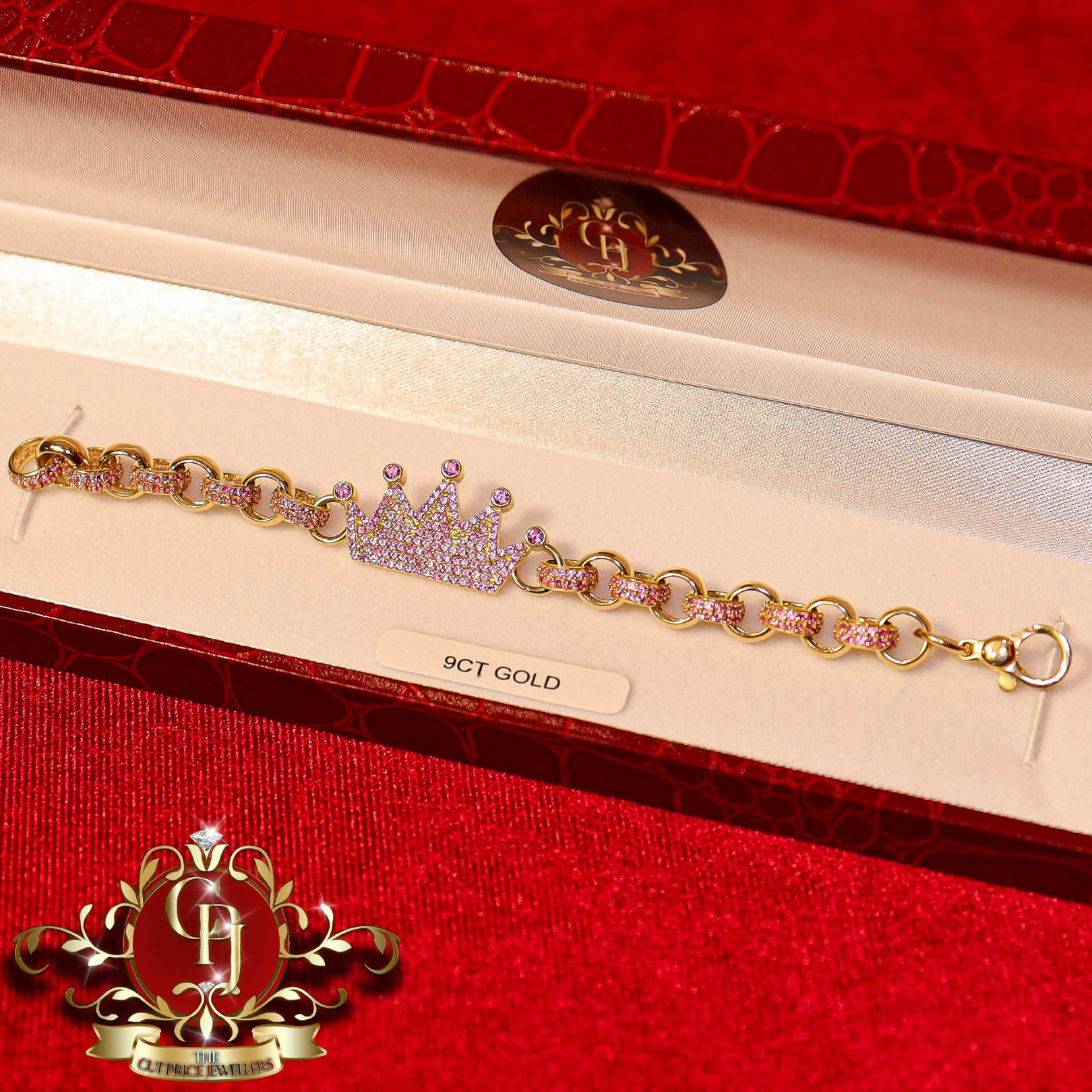 9ct Gold Belcher Bracelet with Pink Cubic Zirconia