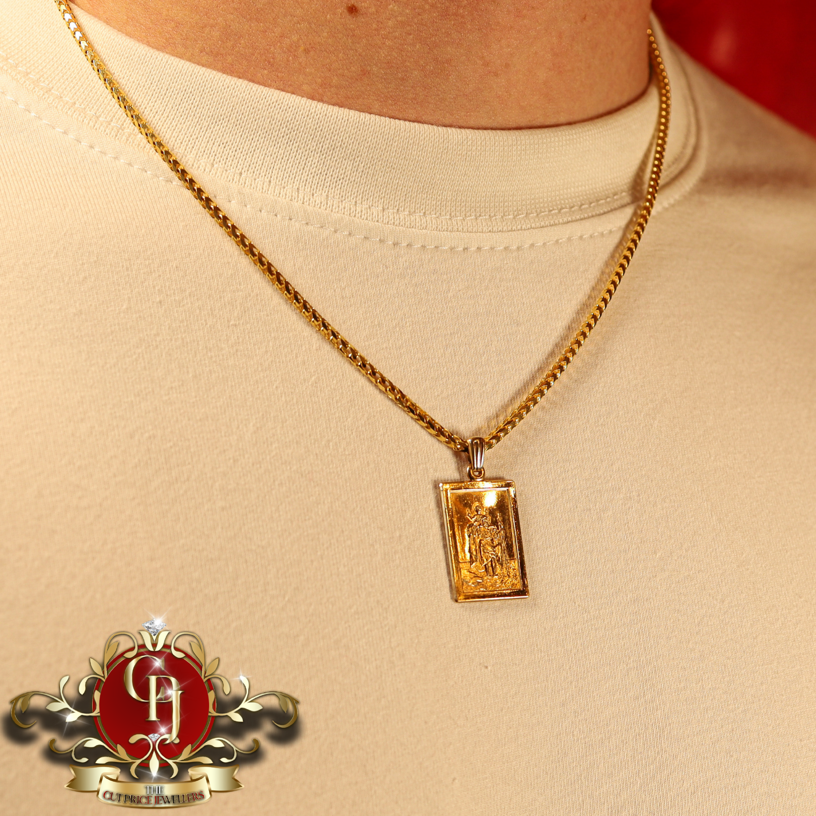 9ct Gold Gentlemen's St. Christopher Pendant with Diamond Cut Chain