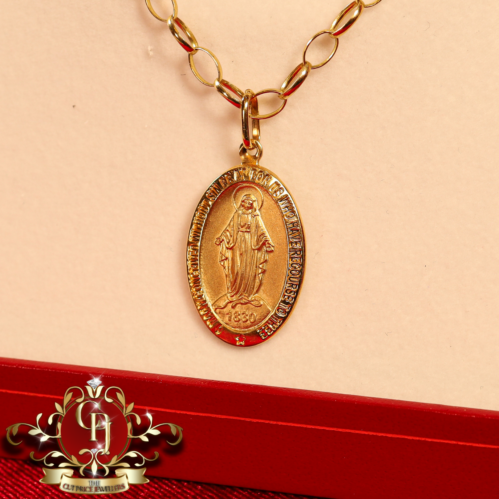 9ct Gold Miraculous Medal with Belcher Chain