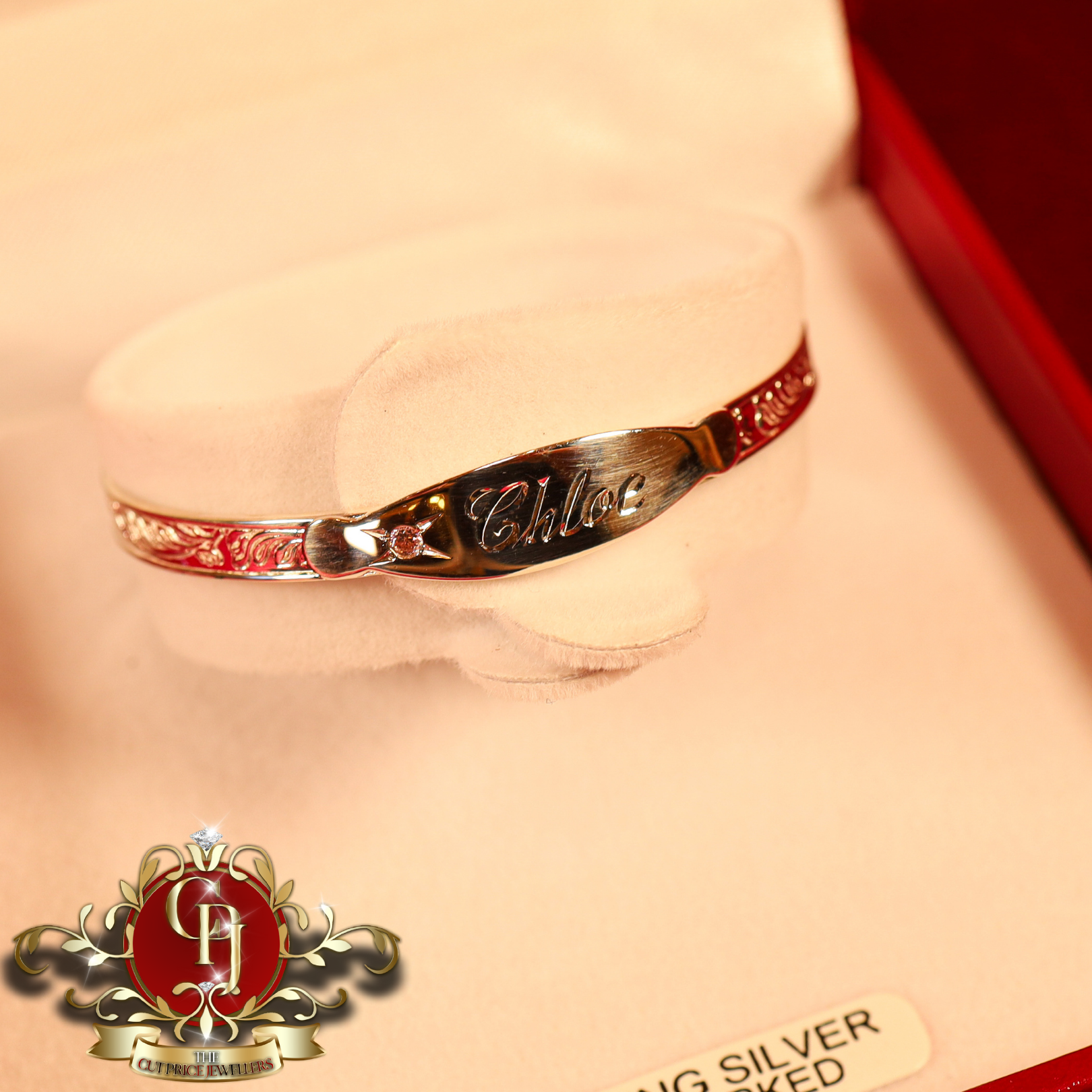 Children's Sterling Silver ID Bangle with Pink Cubic Zirconia