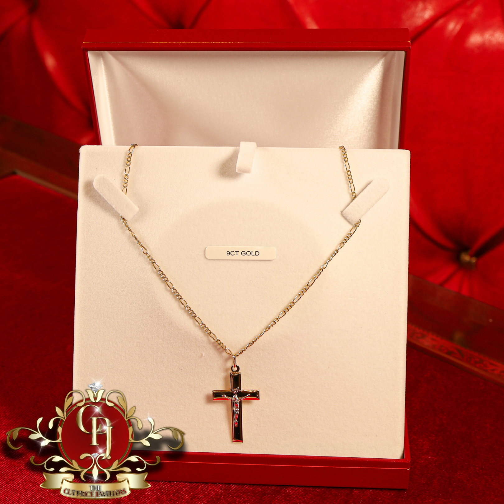 9ct Gold Crucifix & Figaro Chain