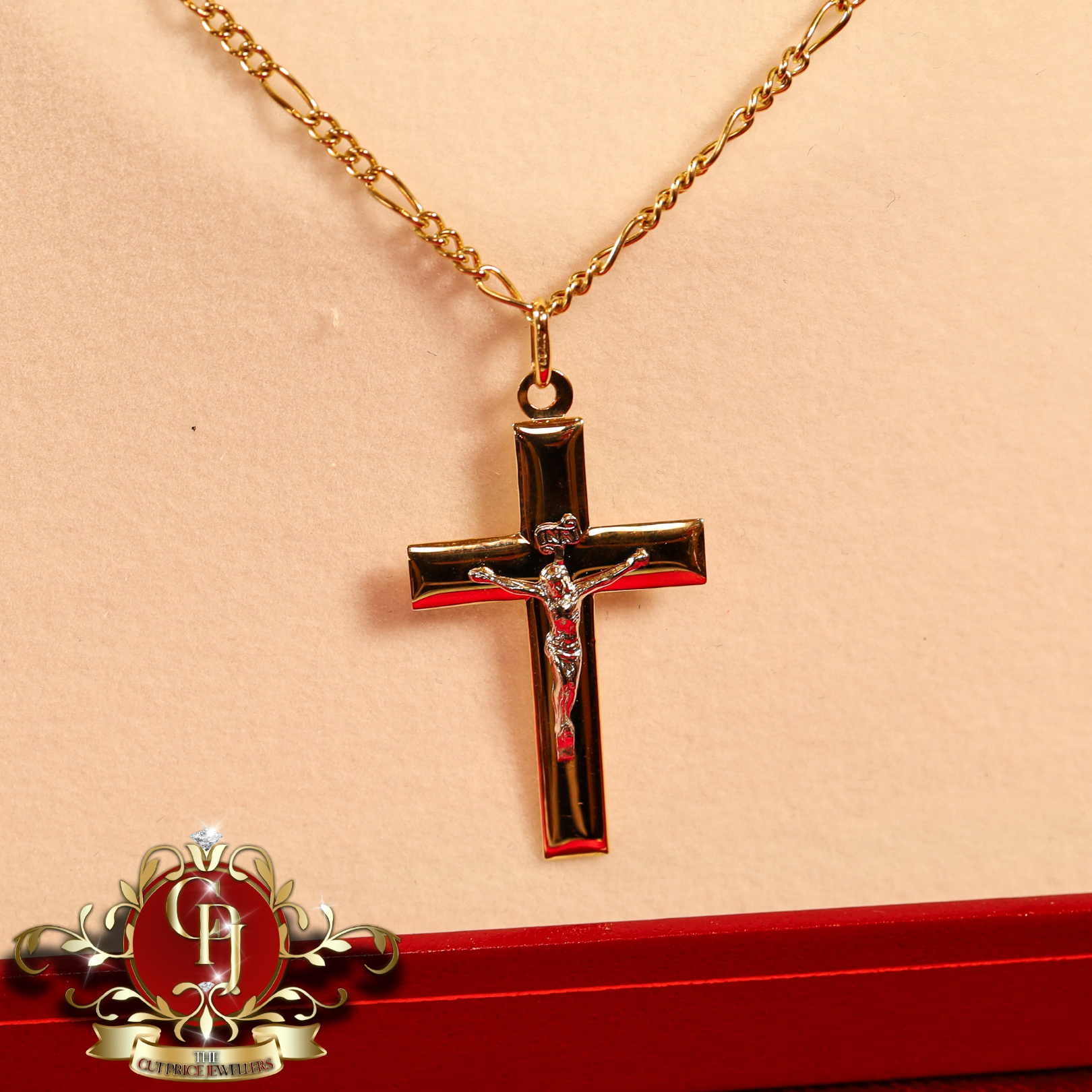 9ct Gold Crucifix & Figaro Chain