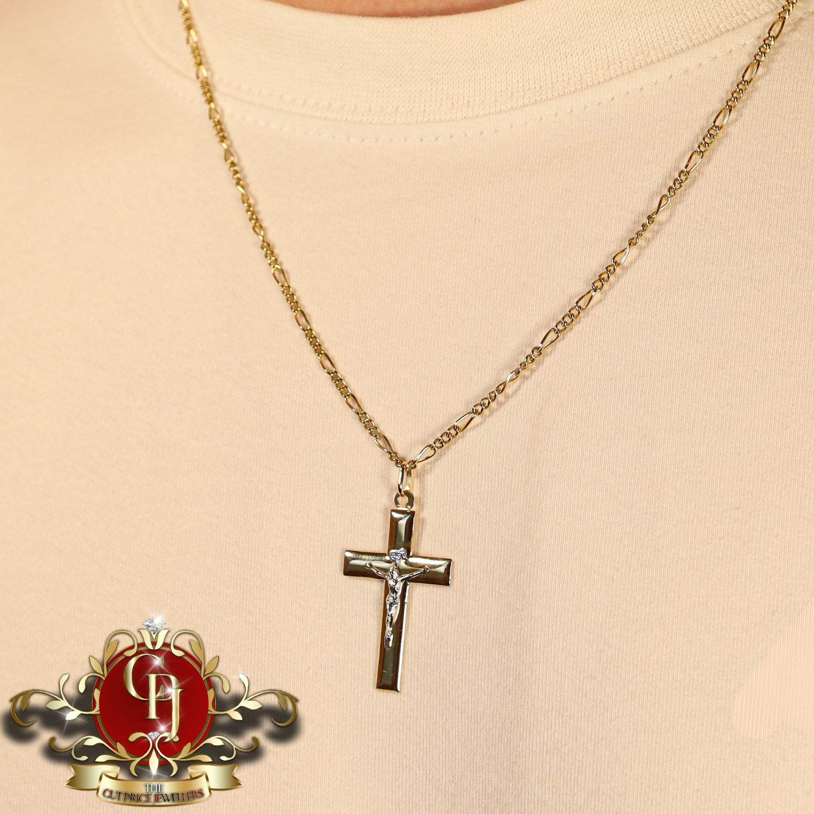 9ct Gold Crucifix & Figaro Chain