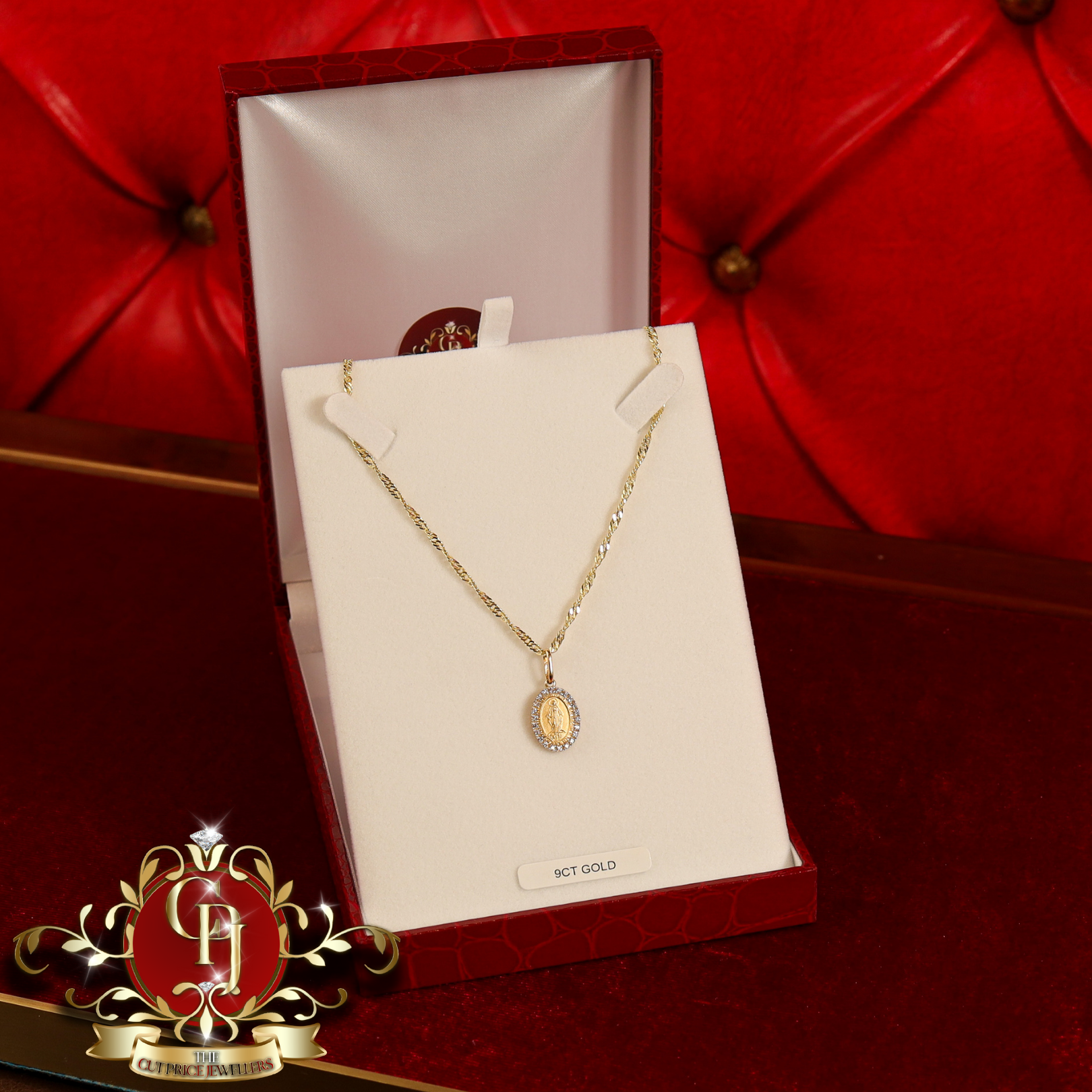 9ct Gold CZ Miraculous Medal with Chain