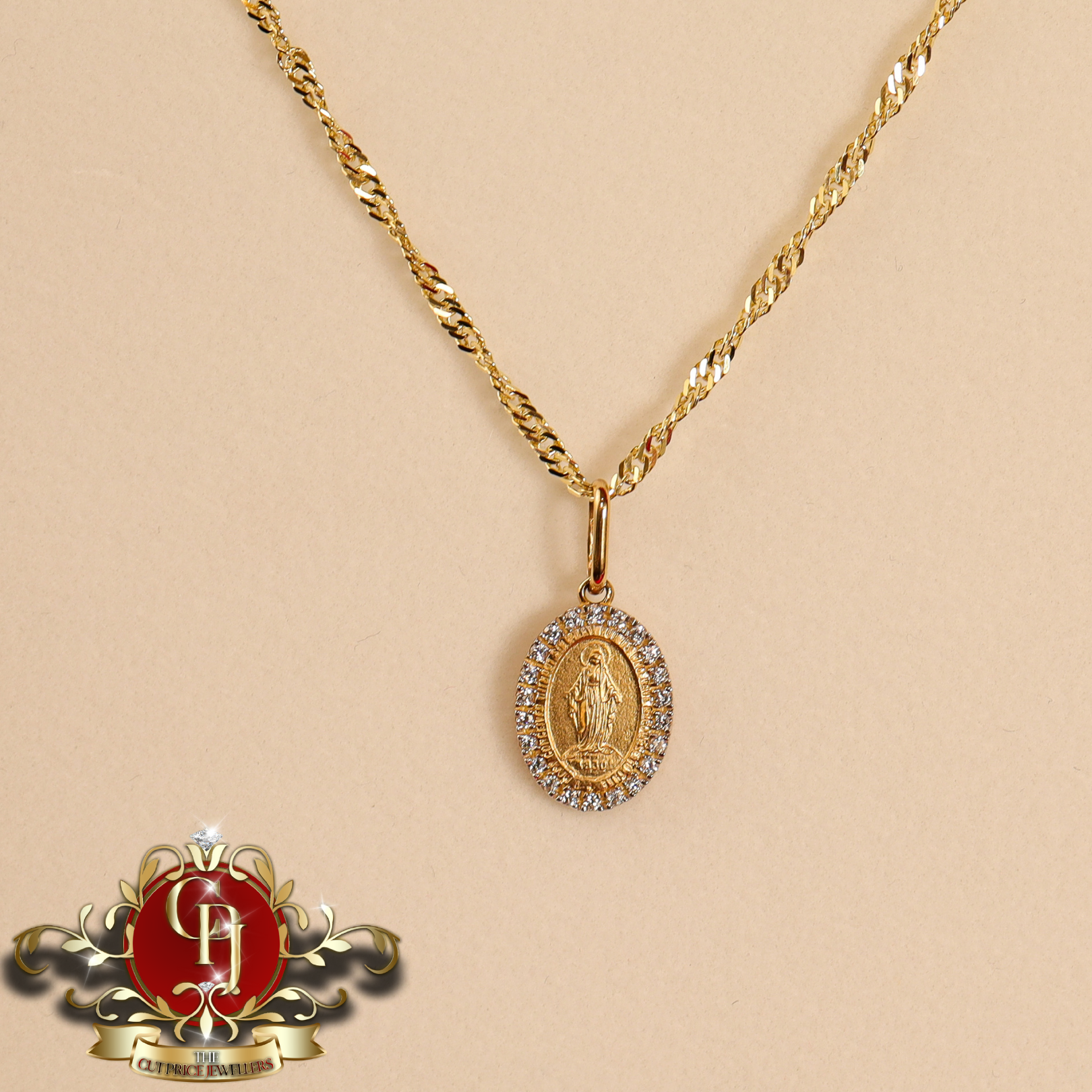9ct Gold CZ Miraculous Medal with Chain