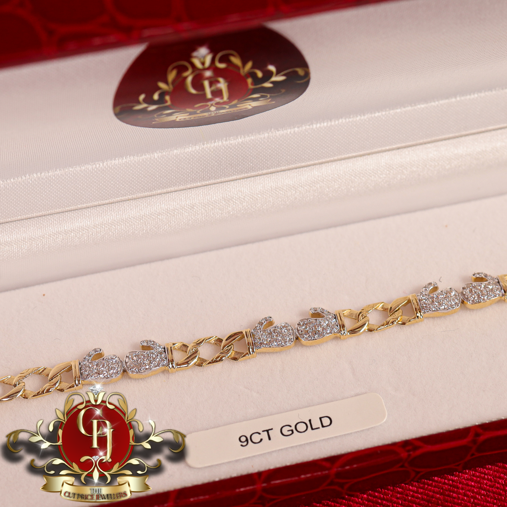 9ct Gold Figaro Bracelet with Double Glove Cubic Zirconia
