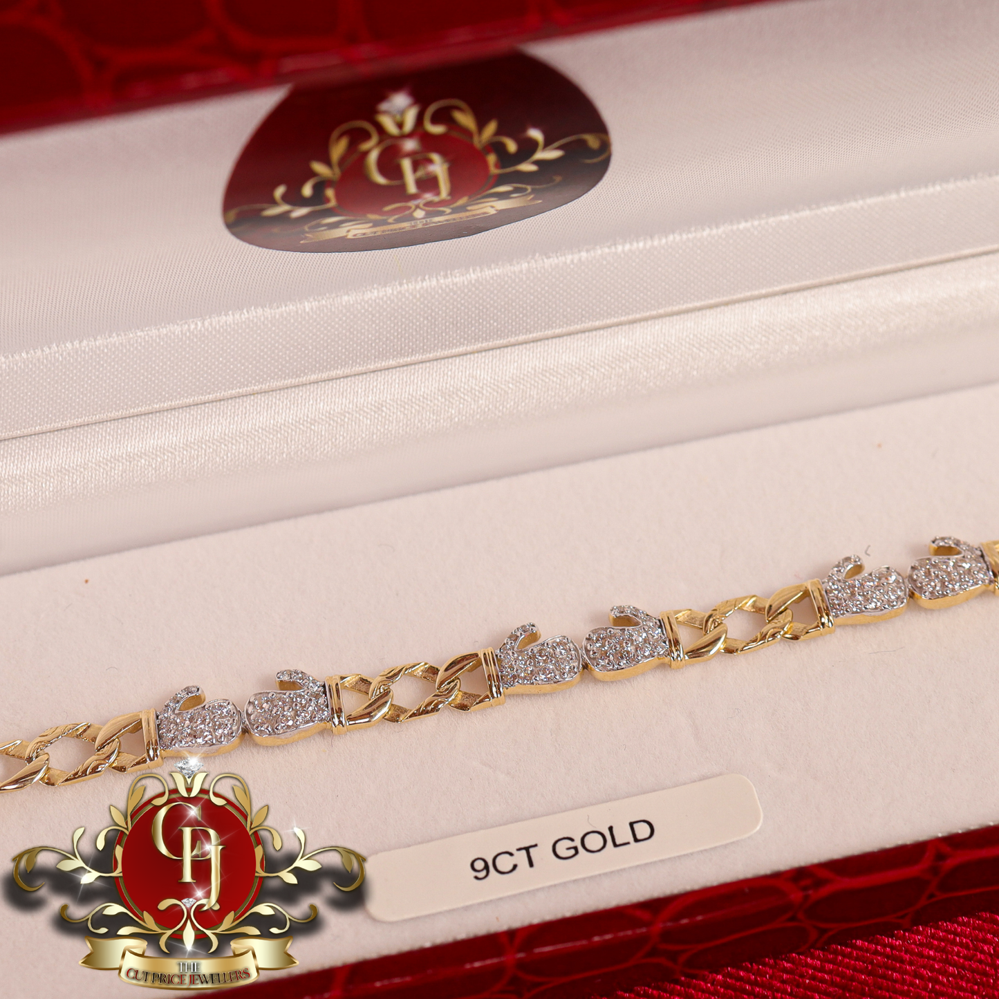 9ct Gold Figaro Bracelet with Double Glove Cubic Zirconia | The Cut Price Jewellers