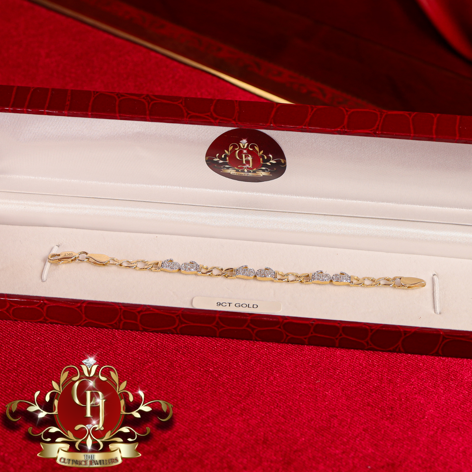 9ct Gold Figaro Bracelet with Double Glove Cubic Zirconia