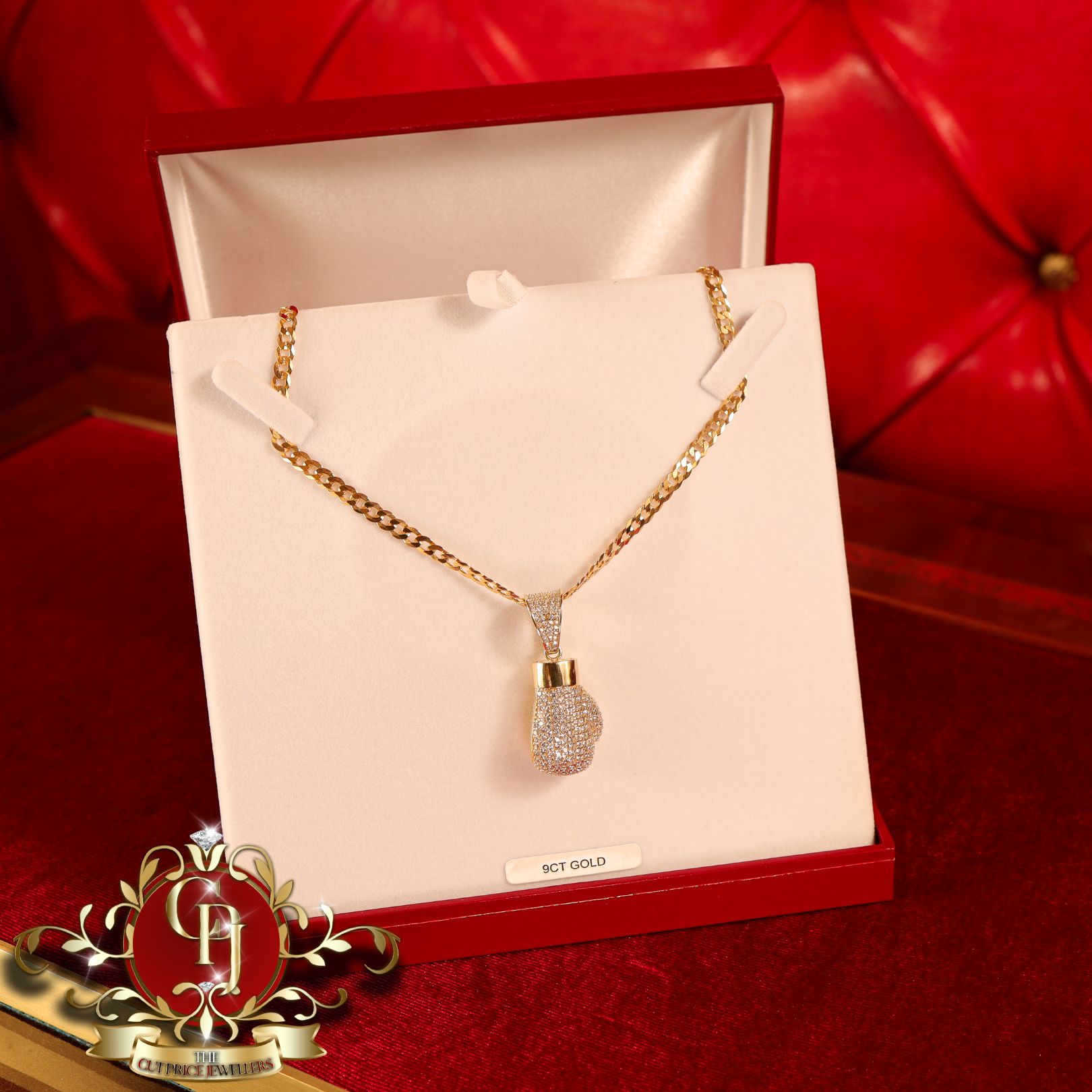 9ct Gold Flat Curb Chain with CZ Boxing Glove