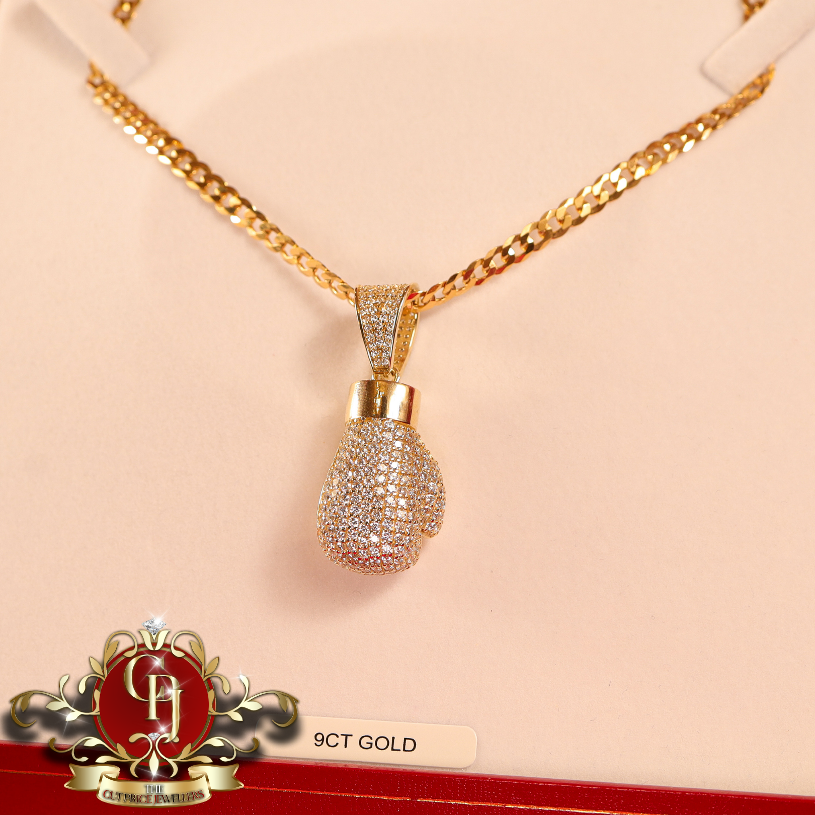 9ct Gold Flat Curb Chain with CZ Boxing Glove