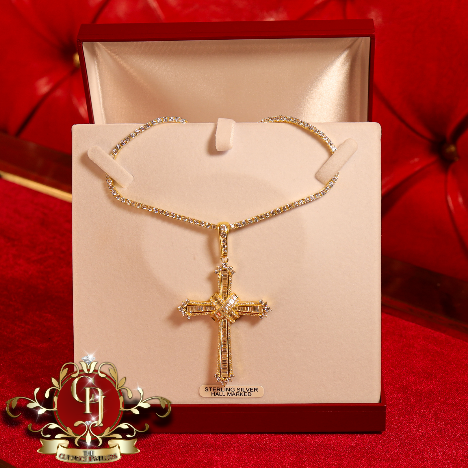 Gold-Plated Sterling Silver Cross & Tennis Chain