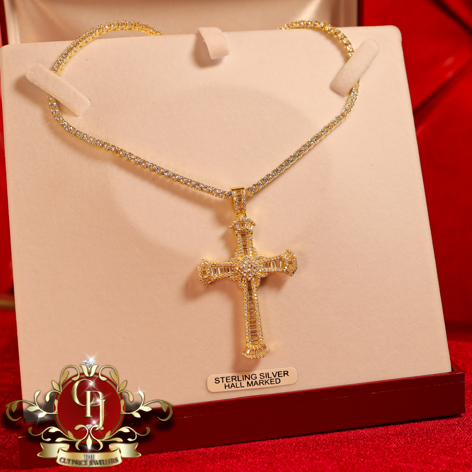 Gold-Plated Sterling Silver Cross & Tennis Chain
