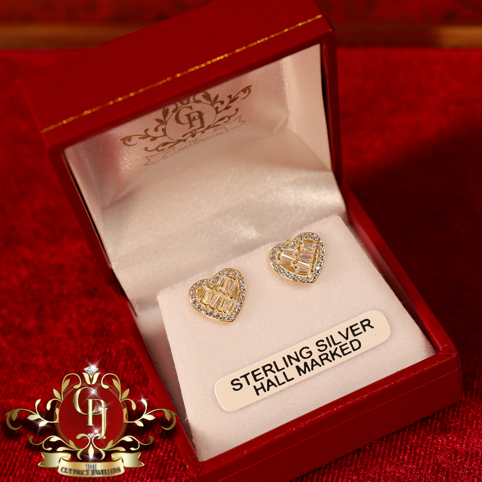 Baguette Heart Stud Earrings (Gold-Plated with Cubic Zirconia)