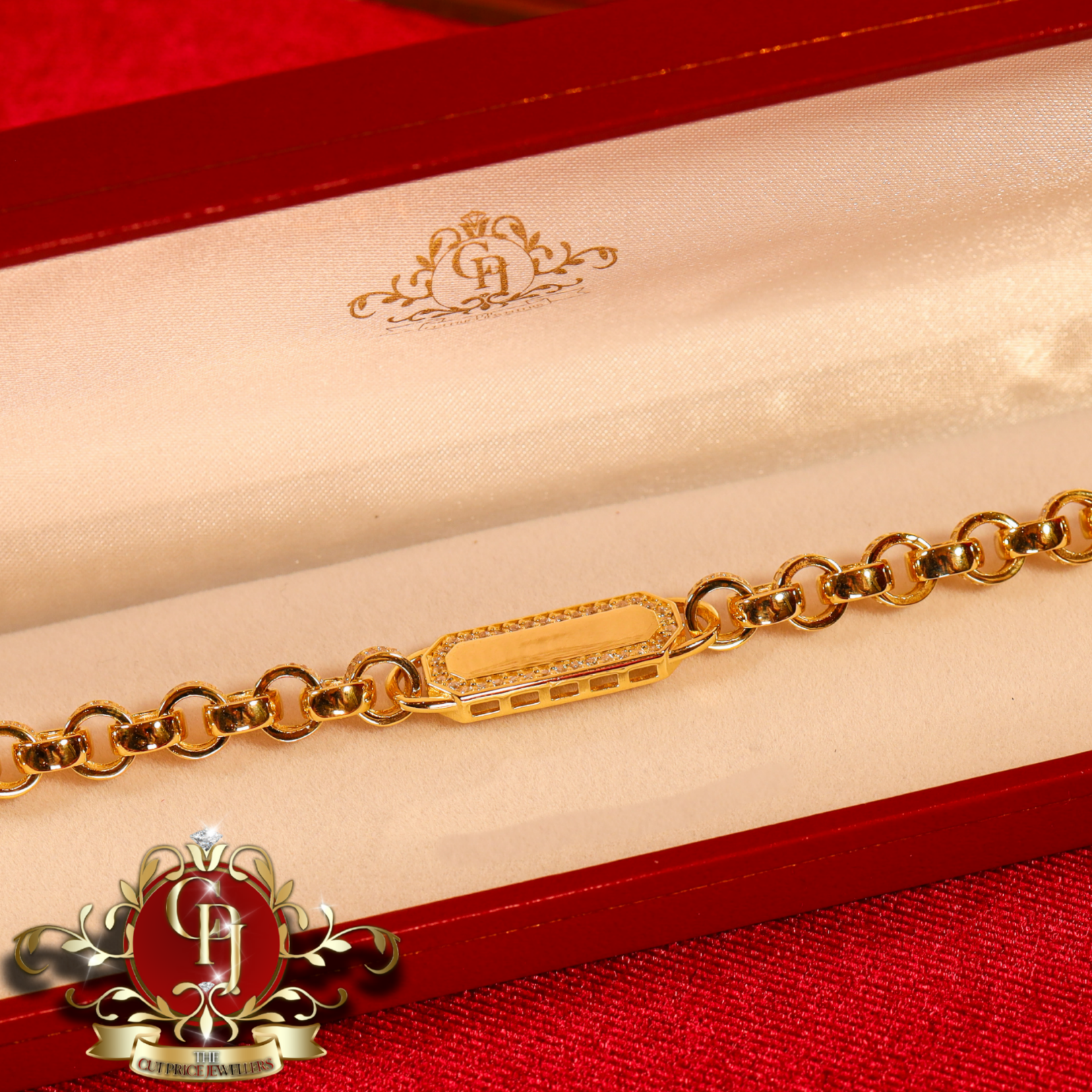 Gold Plated ID Belcher Bracelet with Cubic zirconia