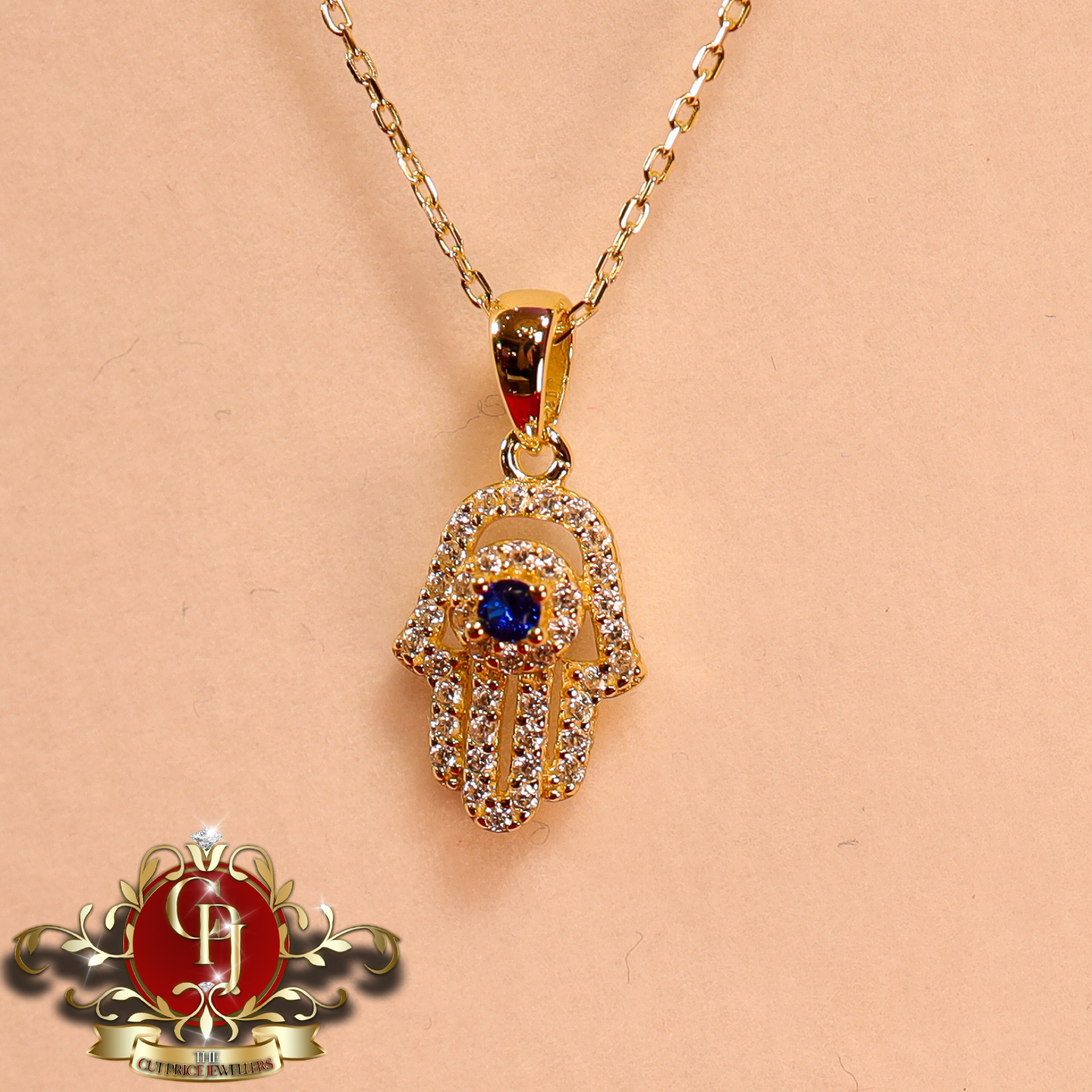 Gold-Plated Mini "Hamsa" Chain with Cubic Zirconia