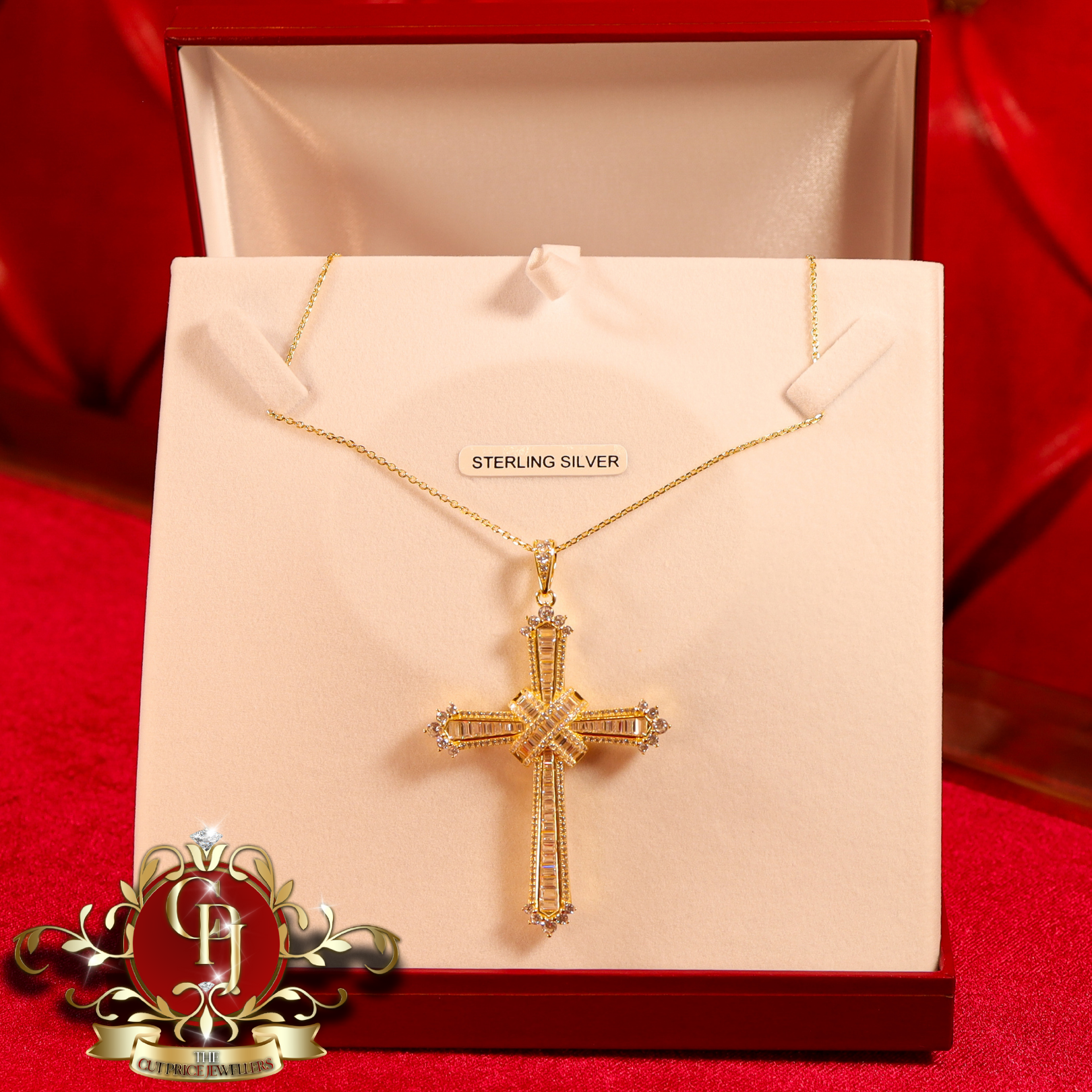 Gold-Plated Sterling Silver Chain & Cross with Cubic Zirconia
