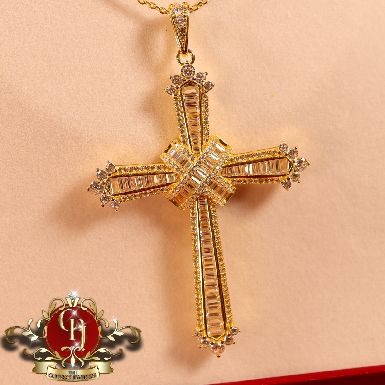 Gold-Plated Sterling Silver Chain & Cross with Cubic Zirconia