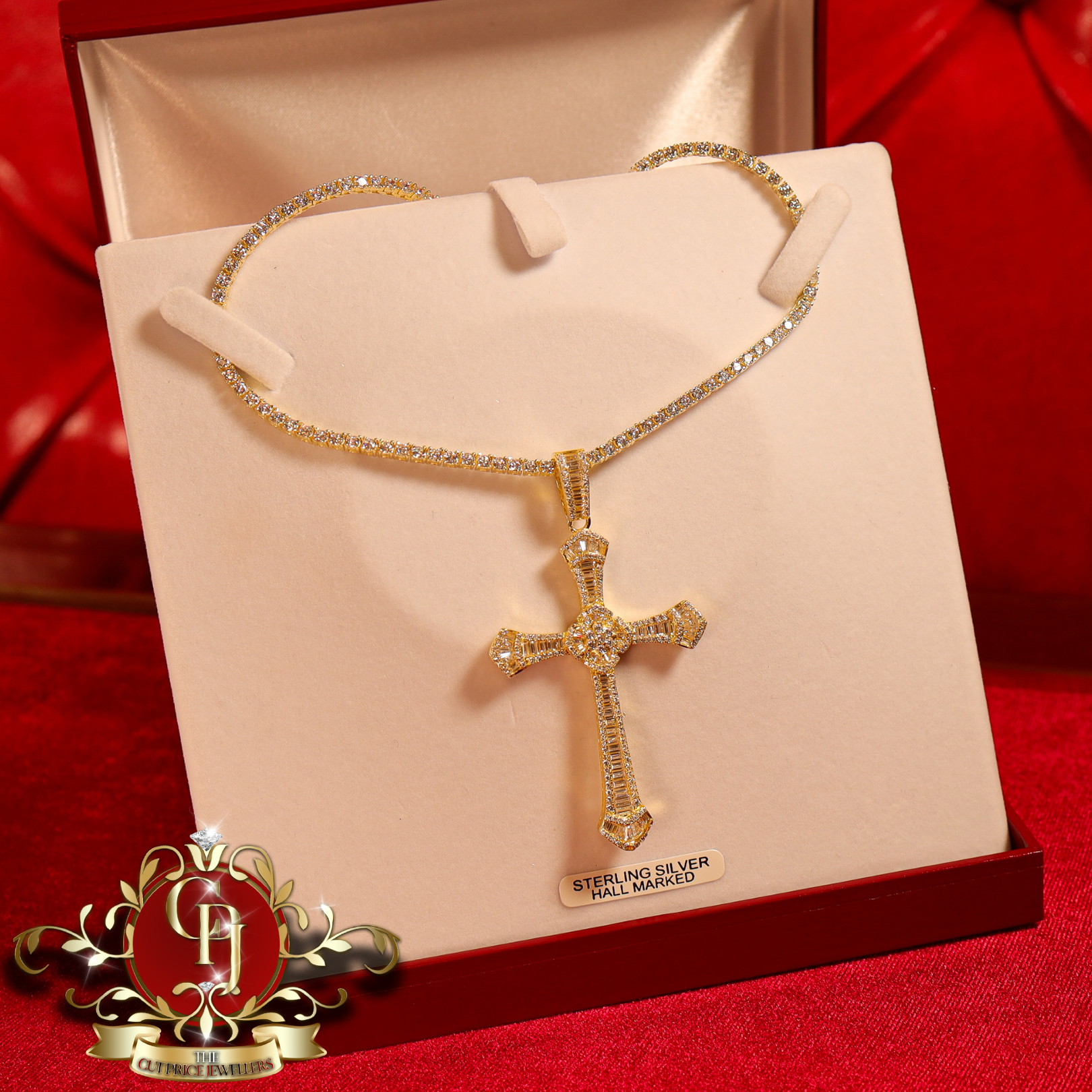 Gold-Plated Sterling Silver Cross & Tennis Chain