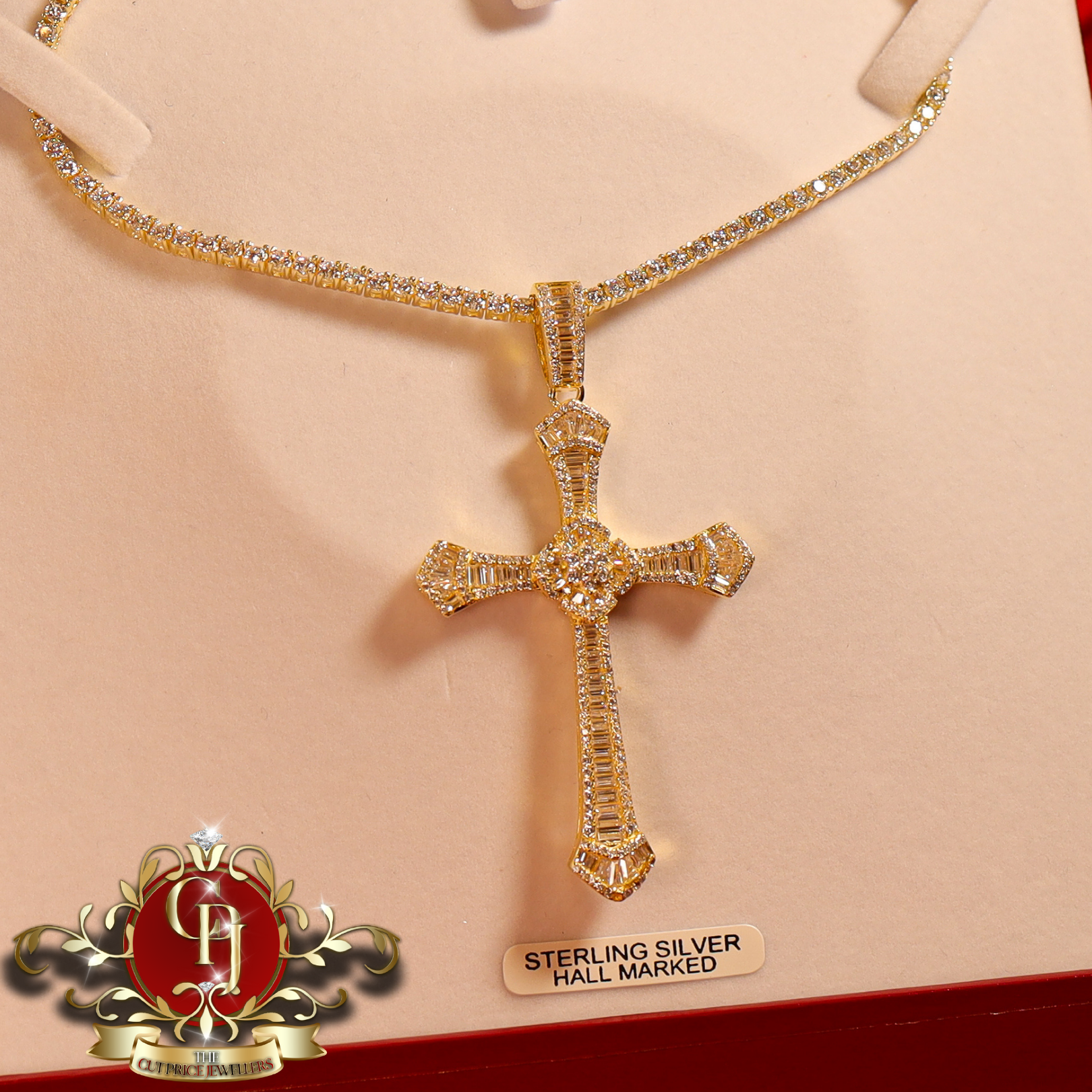 Gold-Plated Sterling Silver Cross & Tennis Chain