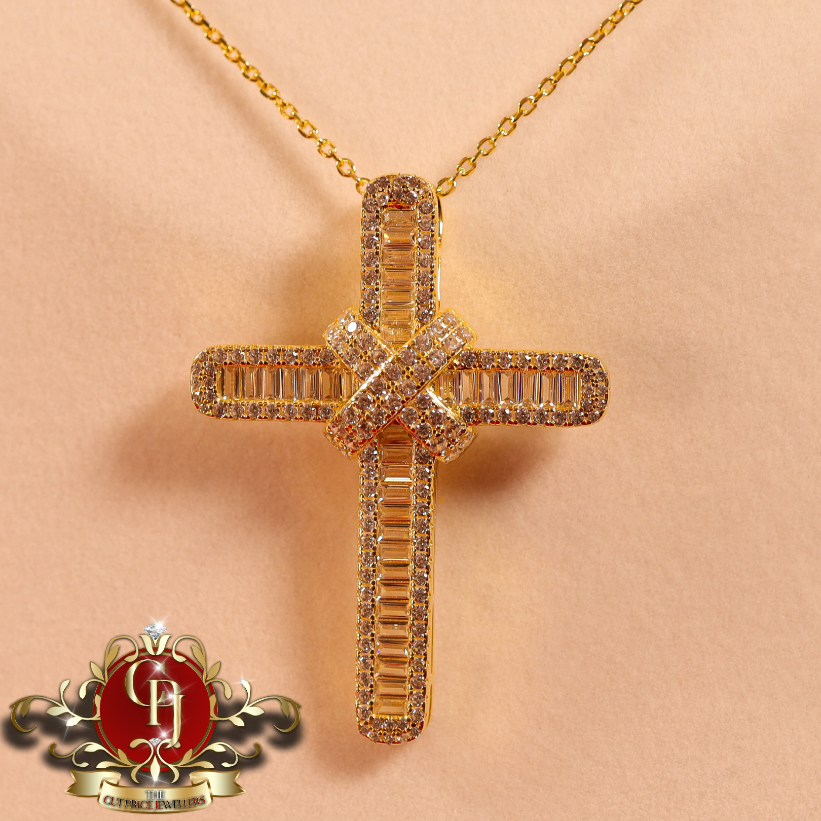 Gold-Plated Chain & Cross with Cubic Zirconia