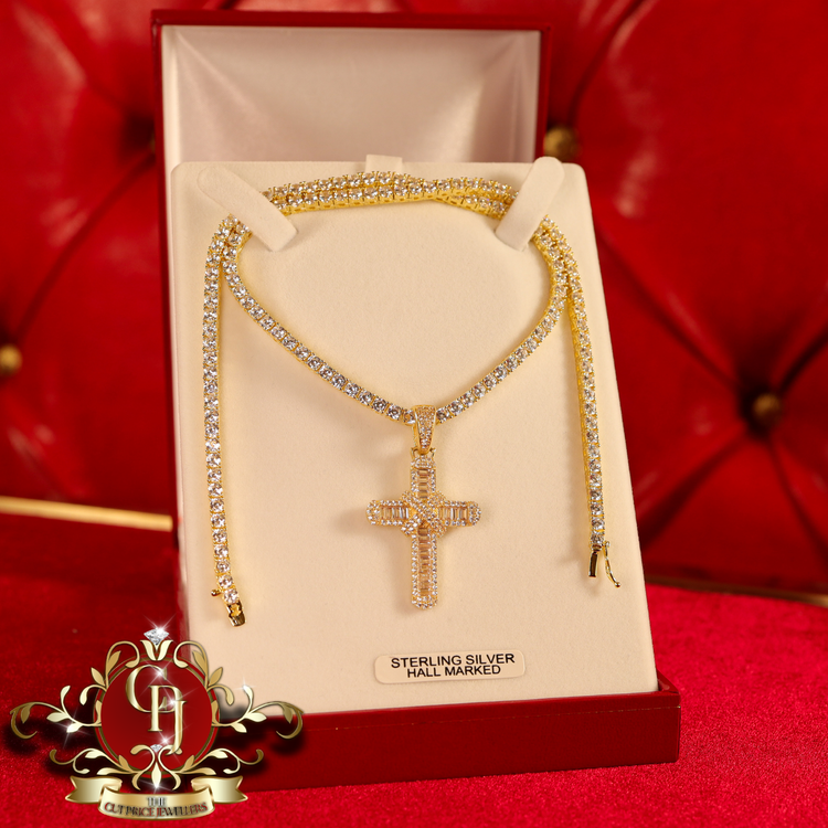 Gold-Plated Sterling Silver "Nevada" Tennis Chain & Cross with Cubic Zirconia