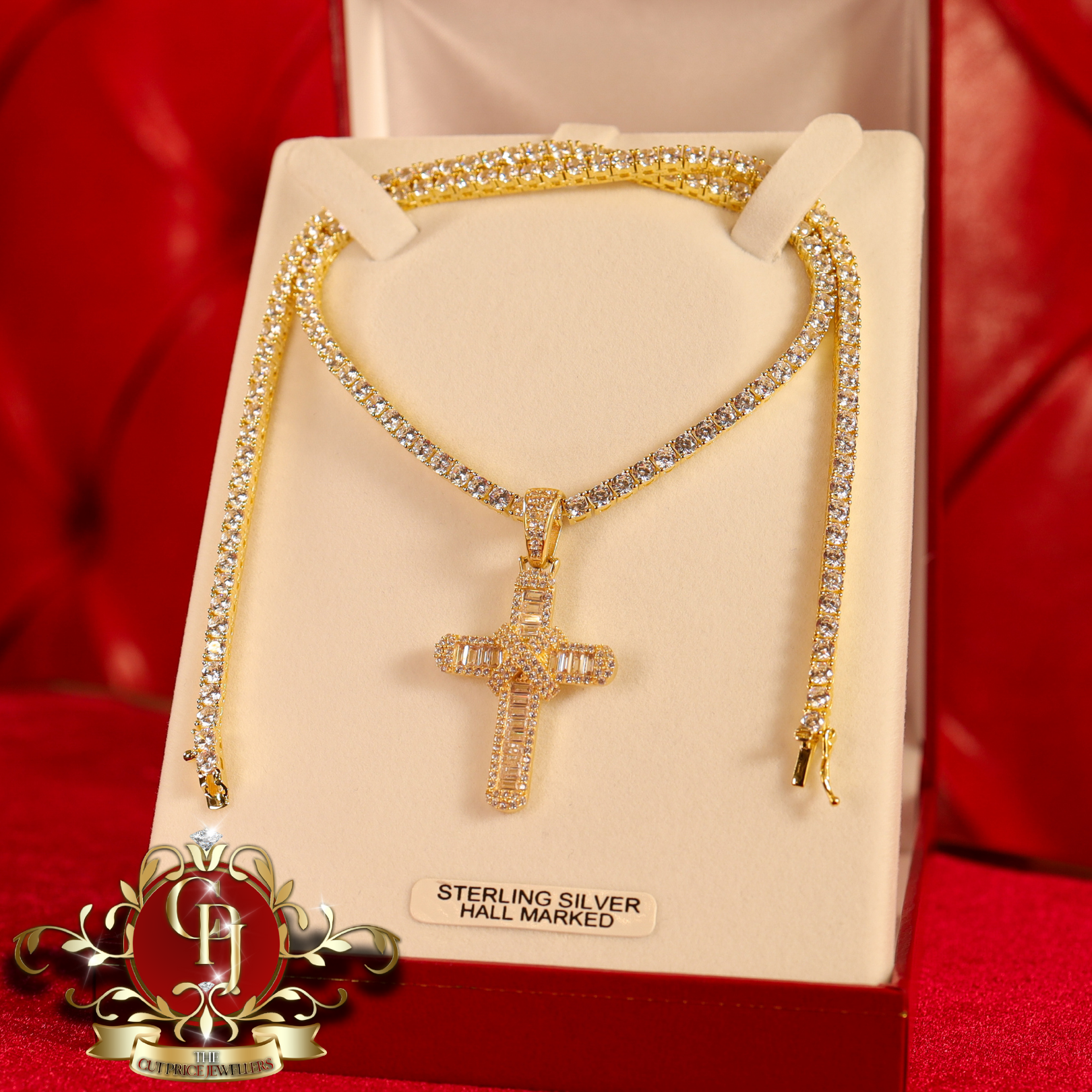 Gold-Plated Sterling Silver "Nevada" Tennis Chain & Cross with Cubic Zirconia