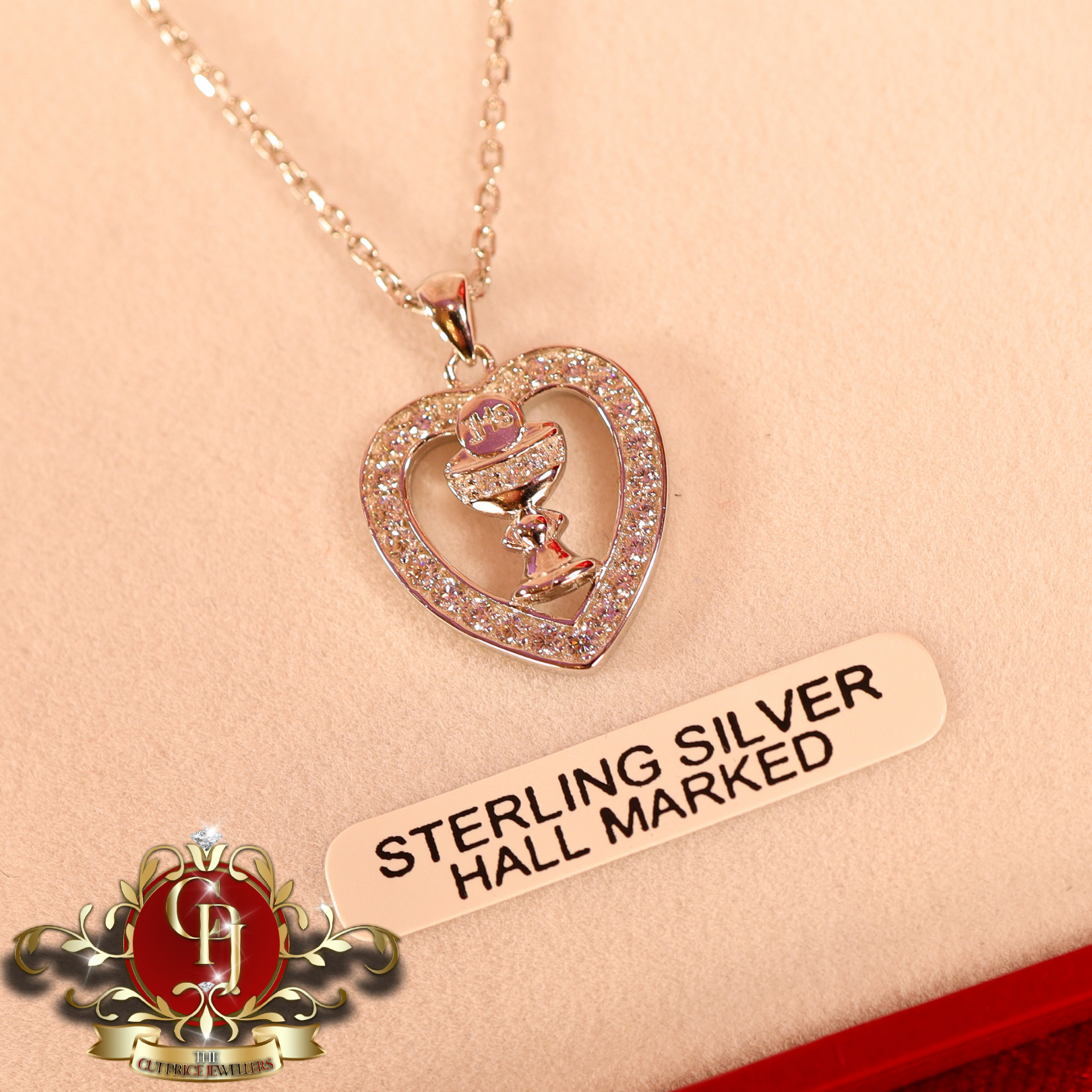 Sterling Silver Communion Medal with Cubic Zirconia