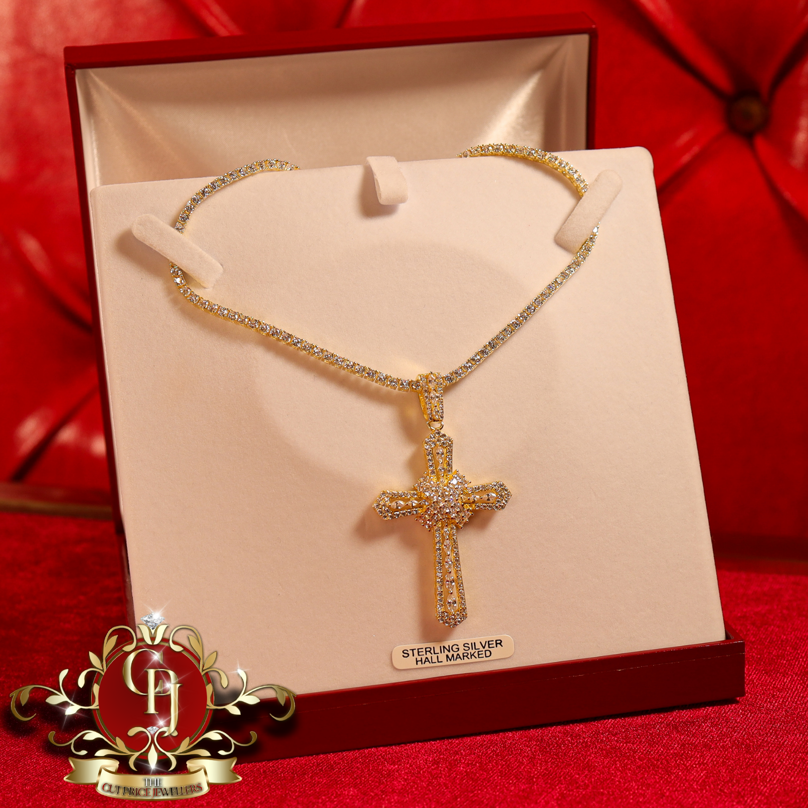 Gold-Plated Sterling Silver Cross & Tennis Chain