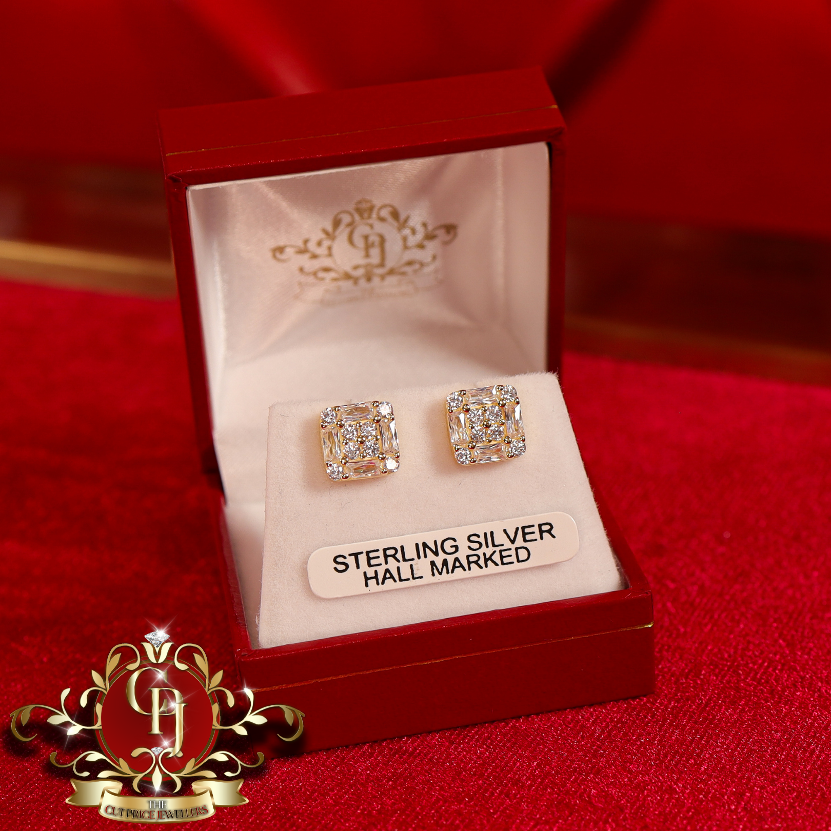 Square Stud Earrings (Gold-Plated with Cubic Zirconia)