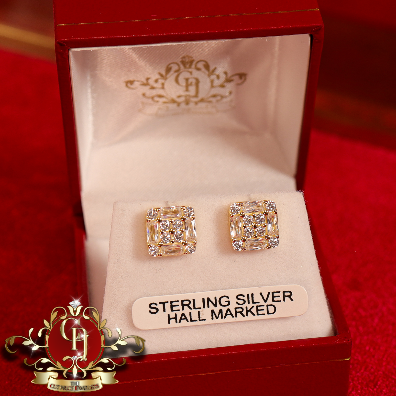 Square Stud Earrings (Gold-Plated with Cubic Zirconia)