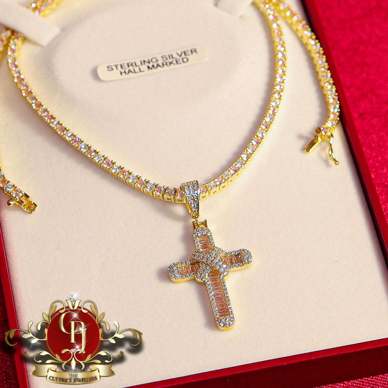 Gold-Plated "Nevada" Tennis Chain & Cross with Pink Cubic Zirconia