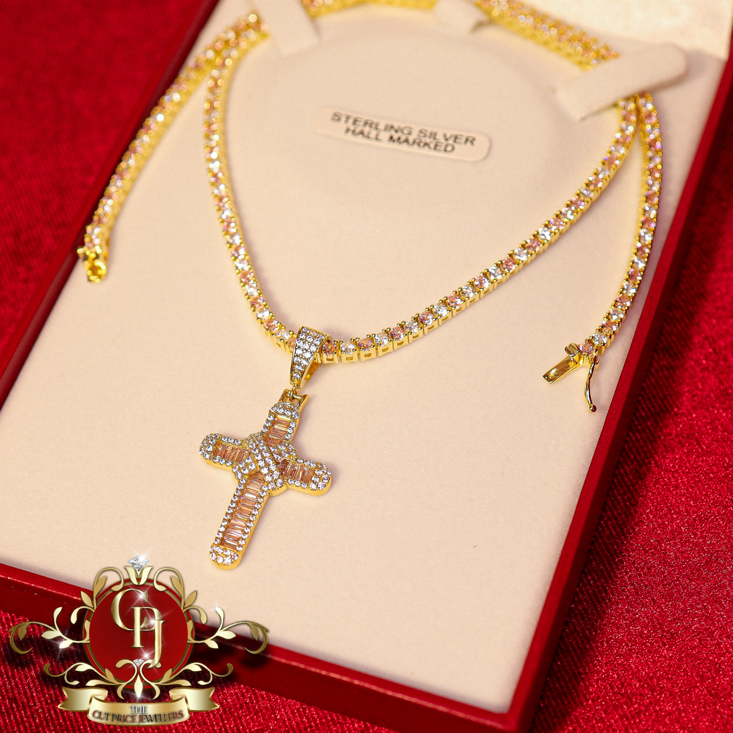 Gold-Plated "Nevada" Tennis Chain & Cross with Pink Cubic Zirconia | The Cut Price Jewellers