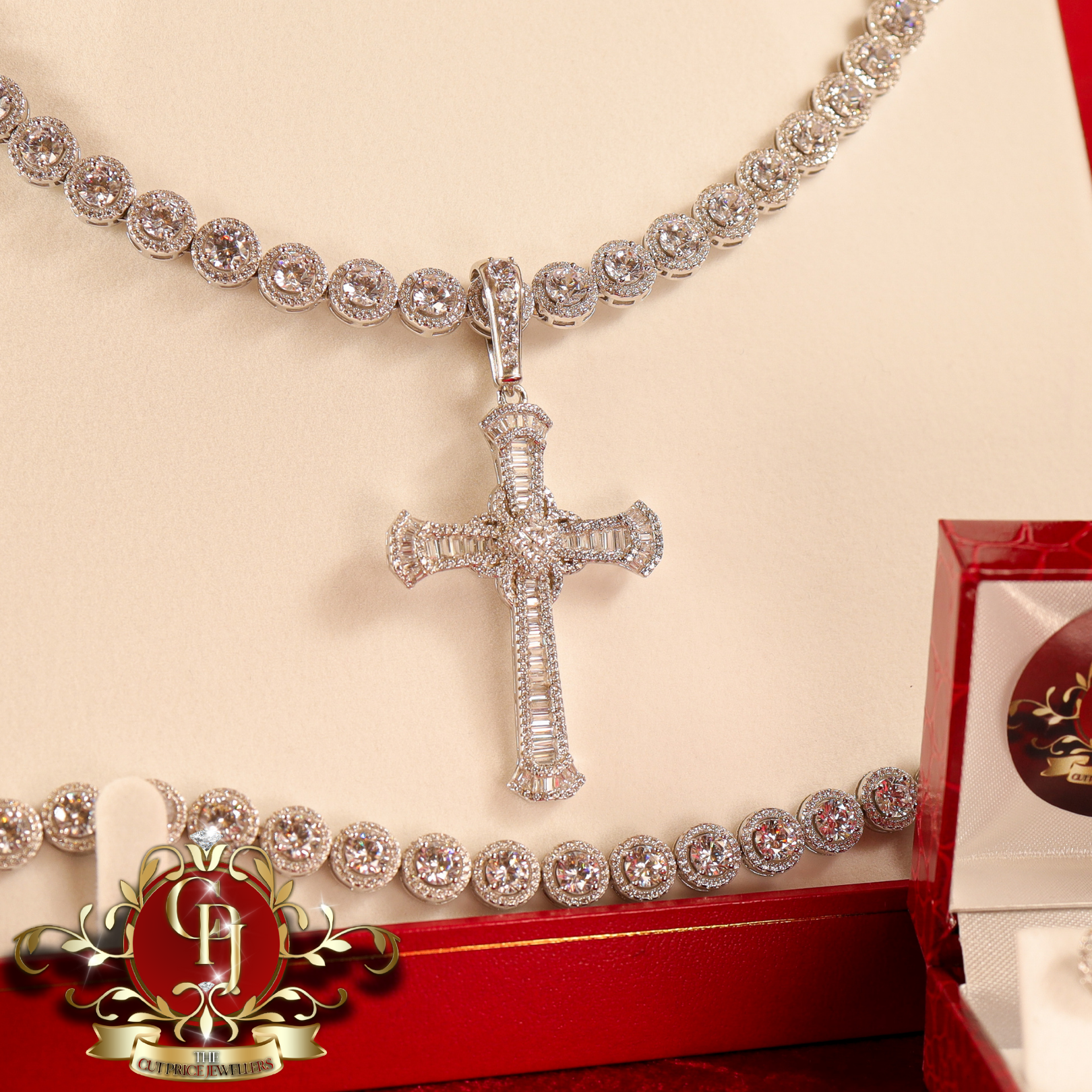 The "Halo" Tennis Set with Cross Cubic Zirconia