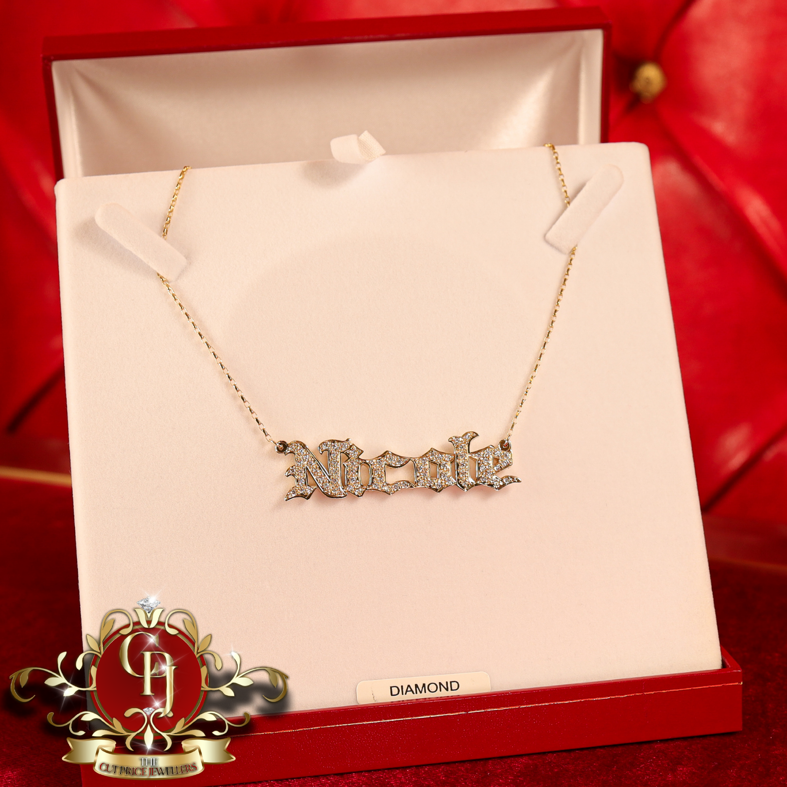 Handmade Fully Diamond 9ct Gold Name Chain (Gothic Font)