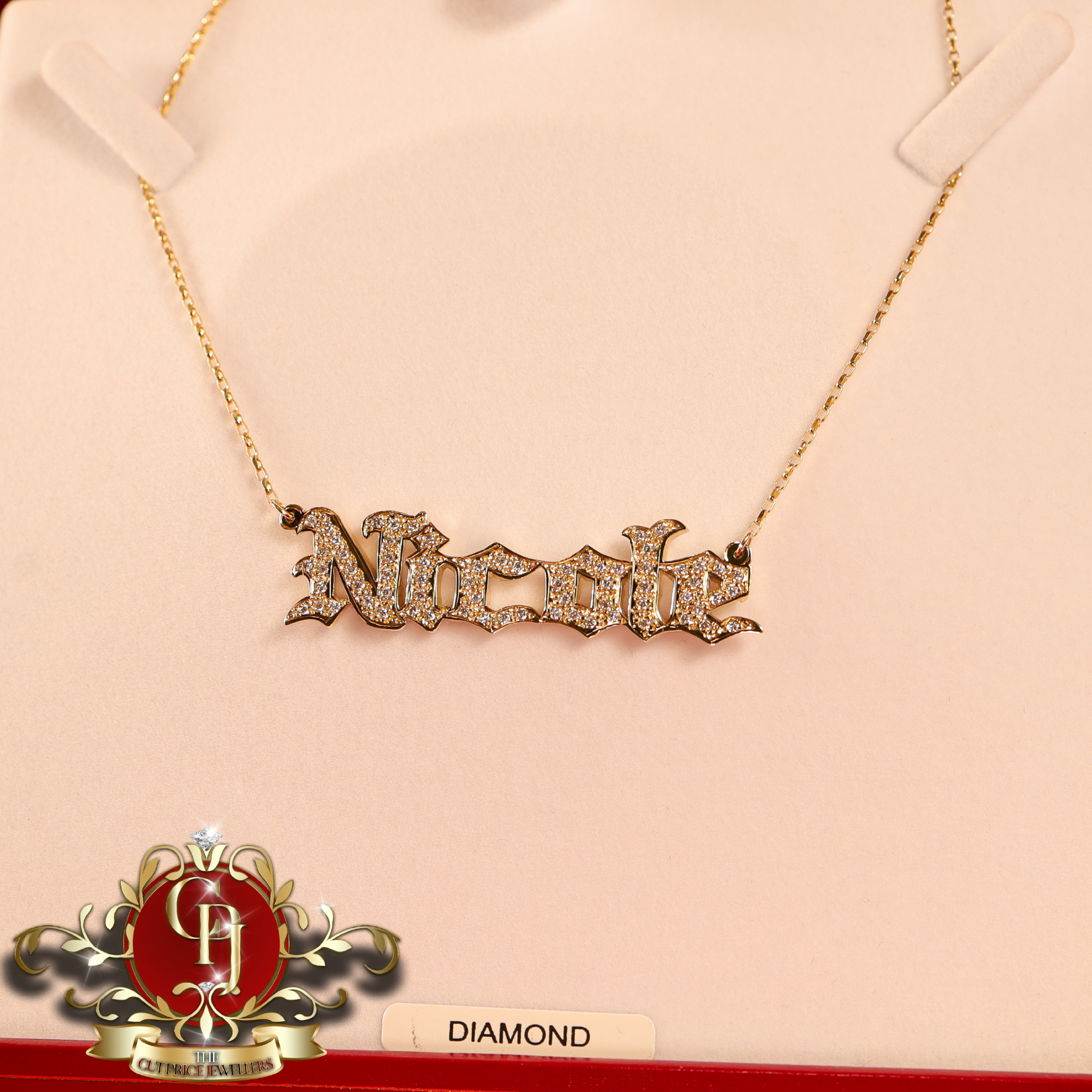 Handmade Fully Diamond 9ct Gold Name Chain (Gothic Font)