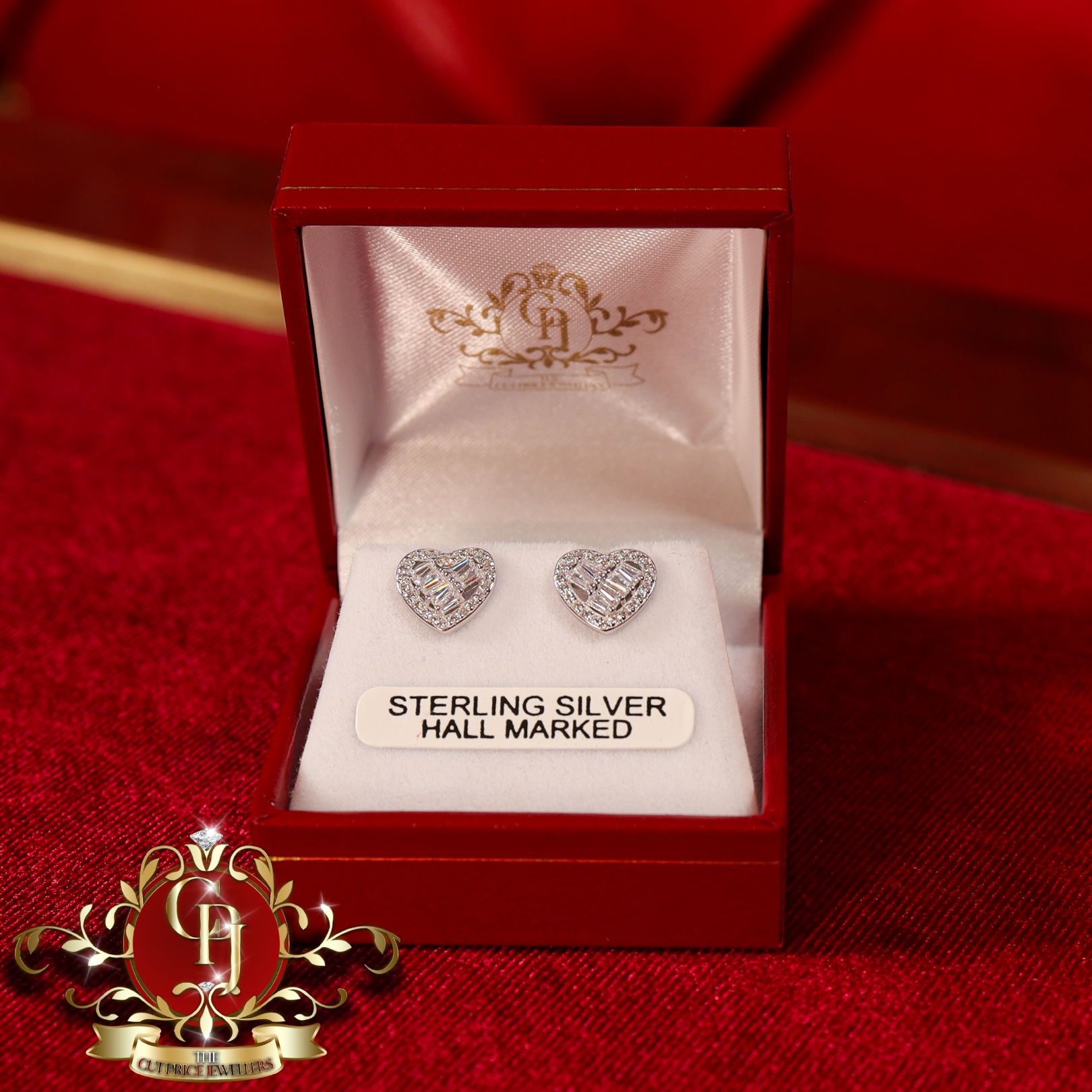 Baguette Heart Stud Earrings (Sterling Silver with Cubic Zirconia)