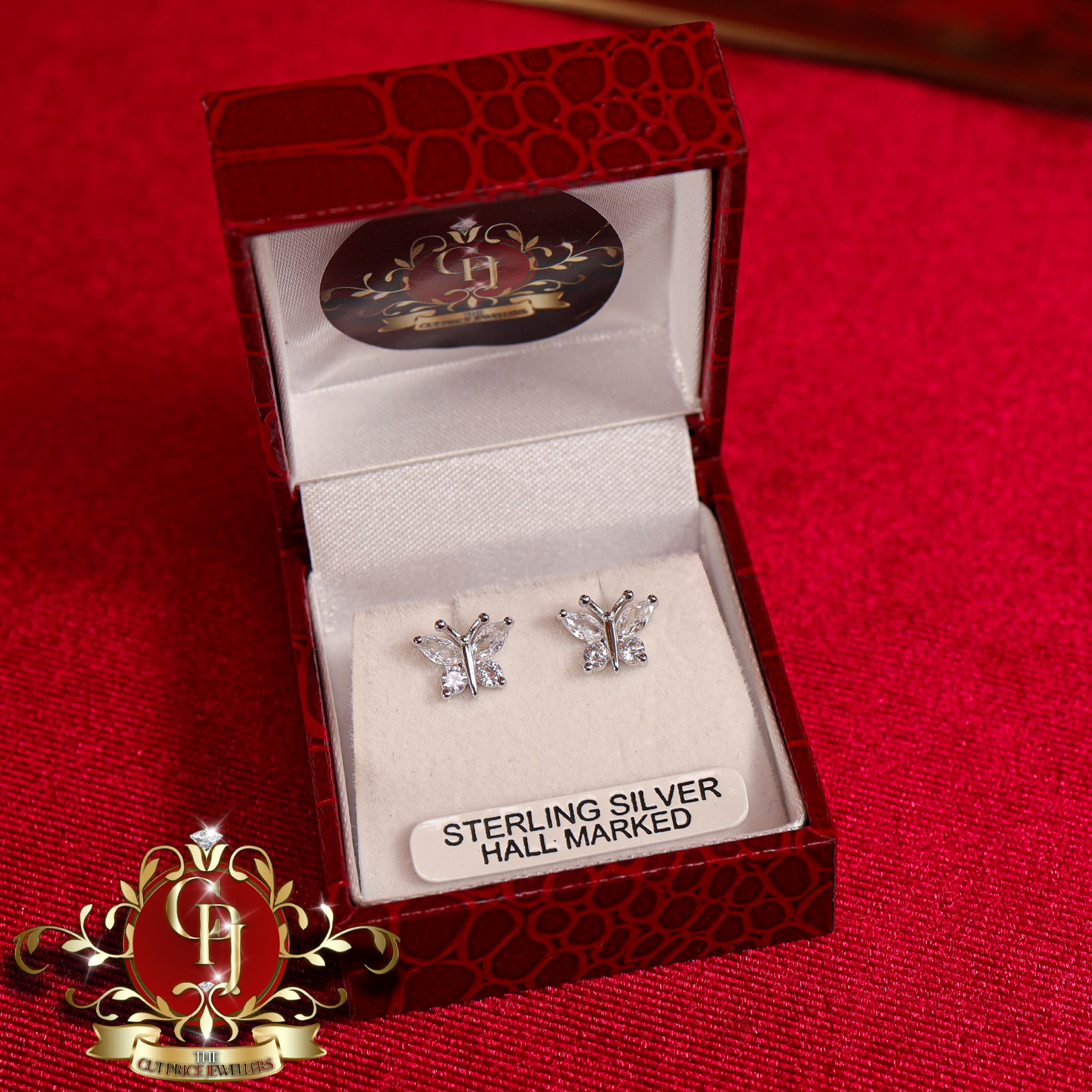 Sterling Silver Butterfly Stud Earrings with Cubic Zirconia