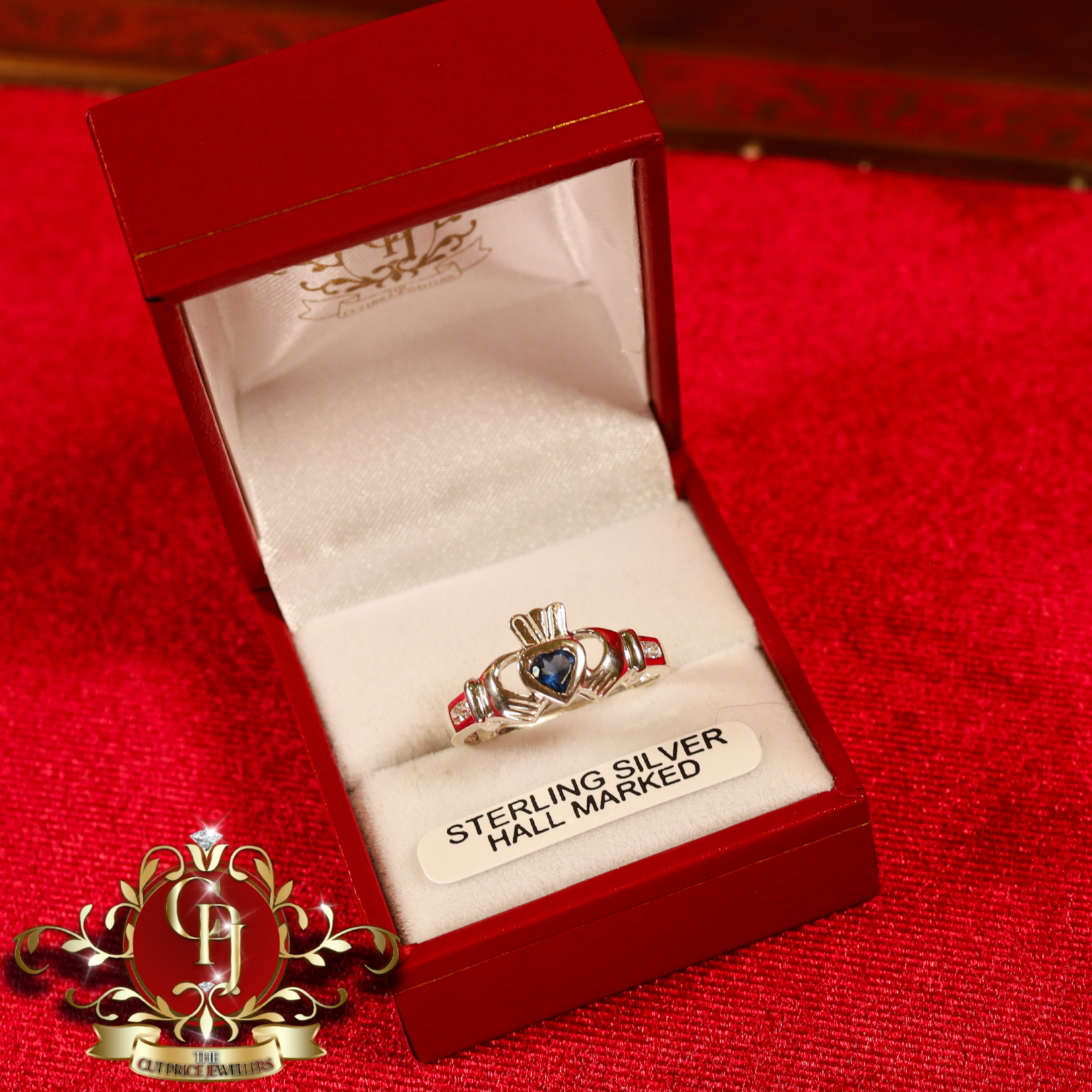 Sterling Silver Claddagh Ring with Blue Stone