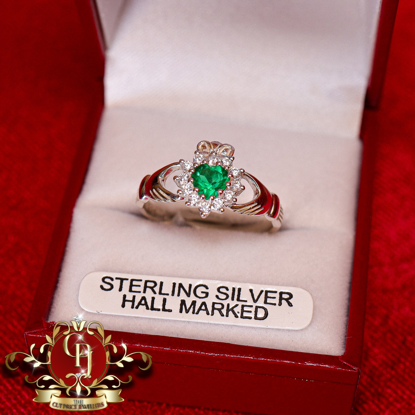 Sterling Silver Claddagh Ring with Green Cubic Zirconia | The Cut Price Jewellers