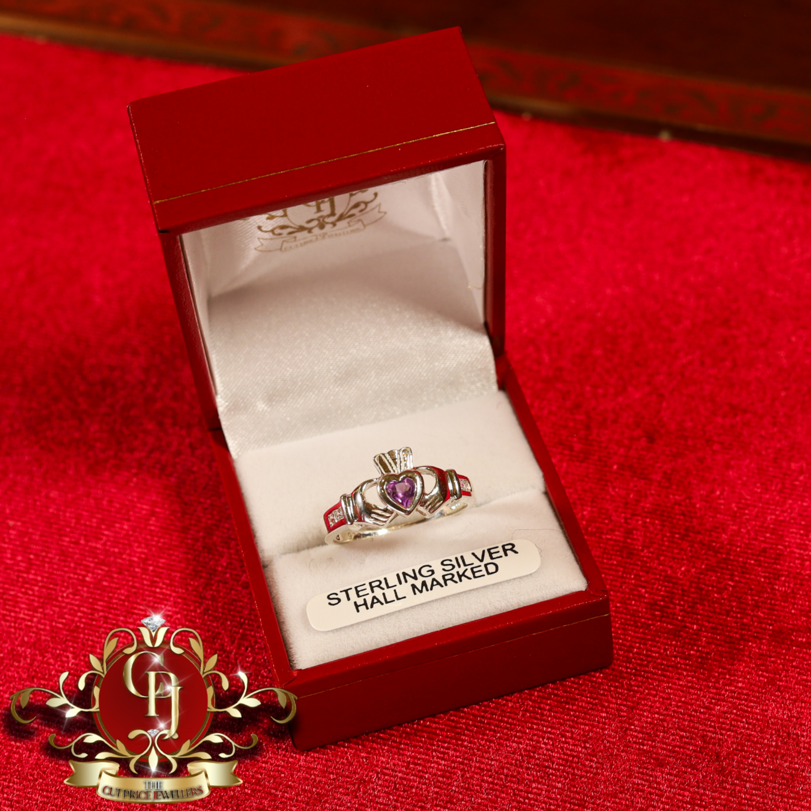 Sterling Silver Claddagh Ring with Purple Stone