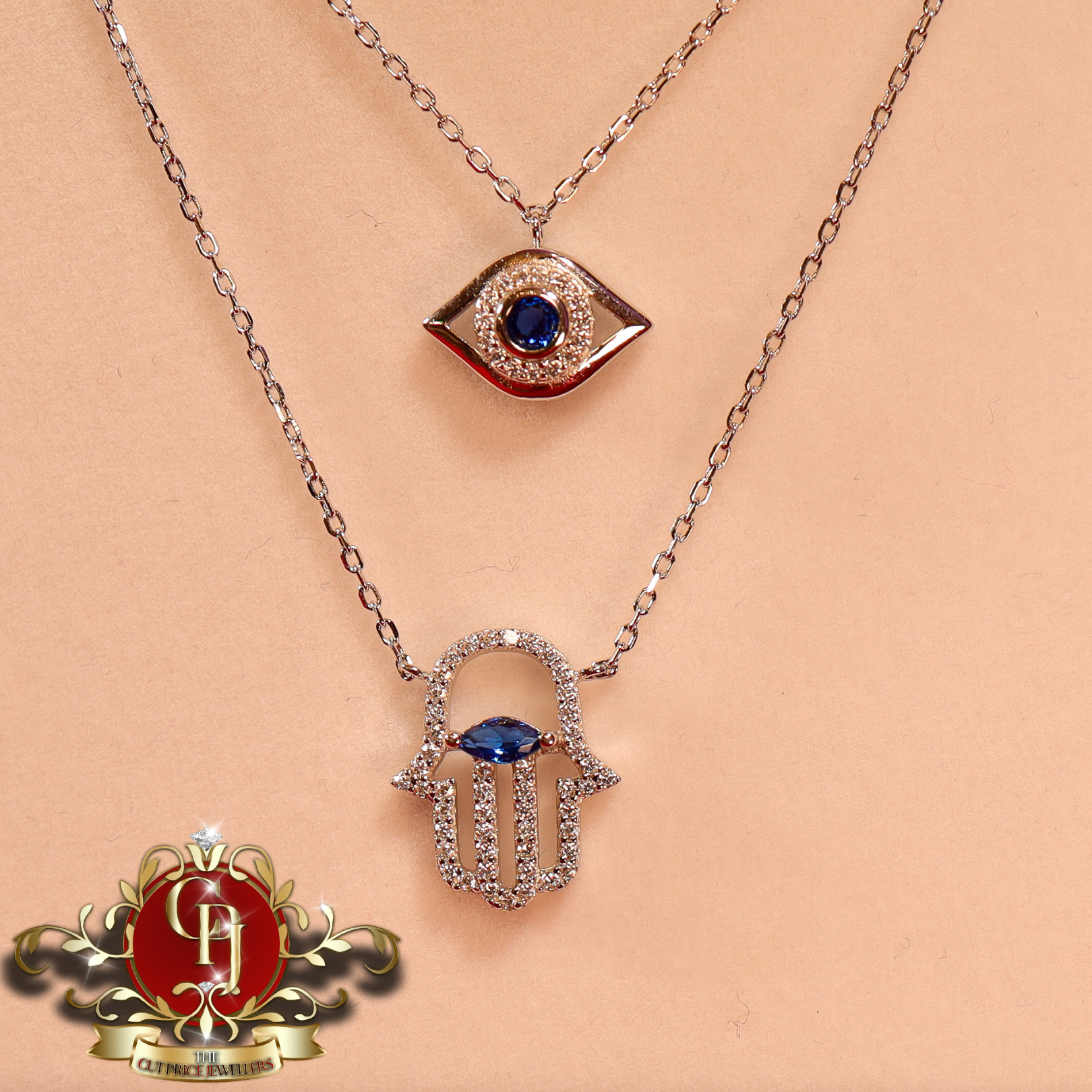 Sterling Silver "Hamsa" Duo Chain with Cubic Zirconia
