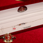 Sterling Silver ID Figaro Bracelet with Pink Crown