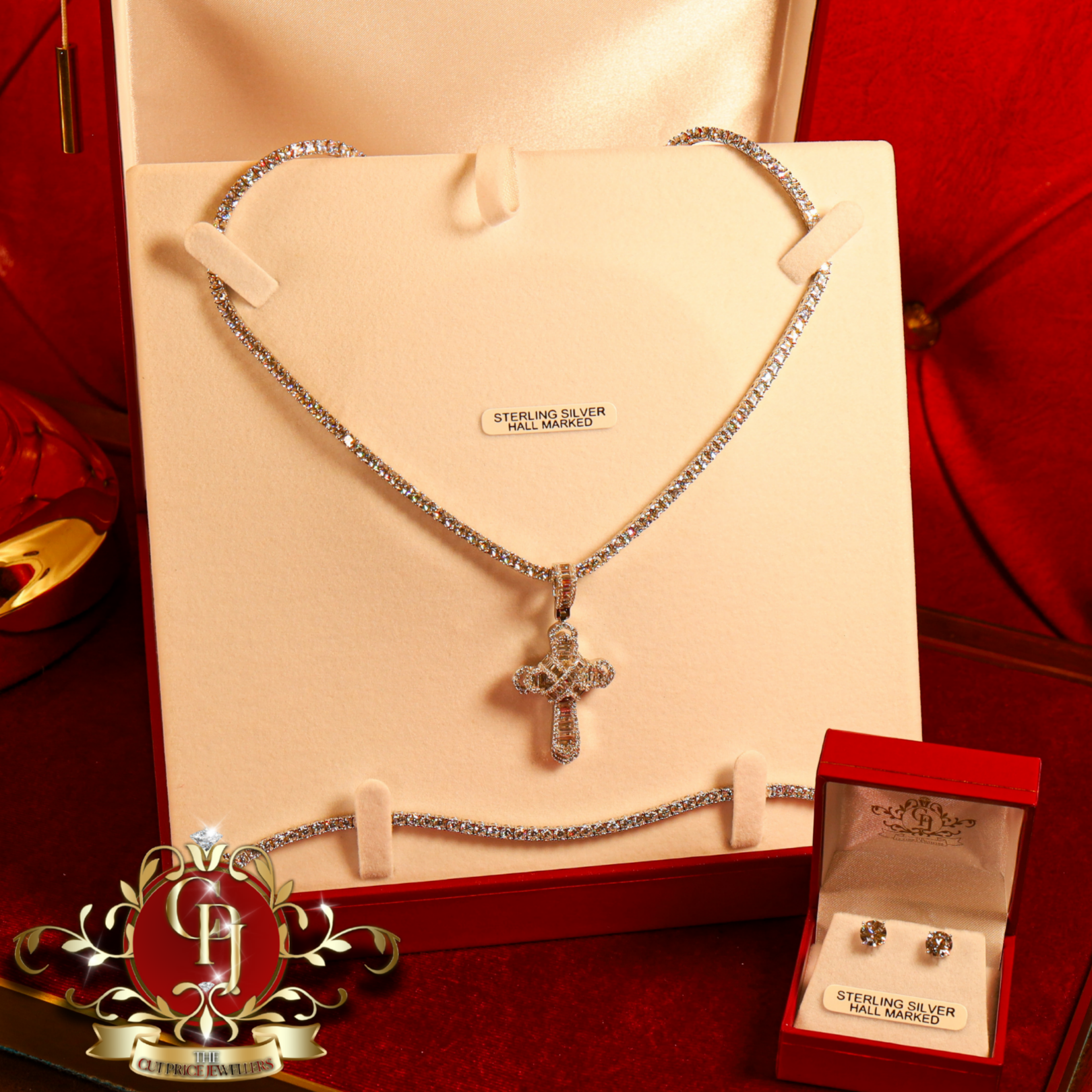 "Leah" Sterling Silver Cross Tennis Set with Earrings