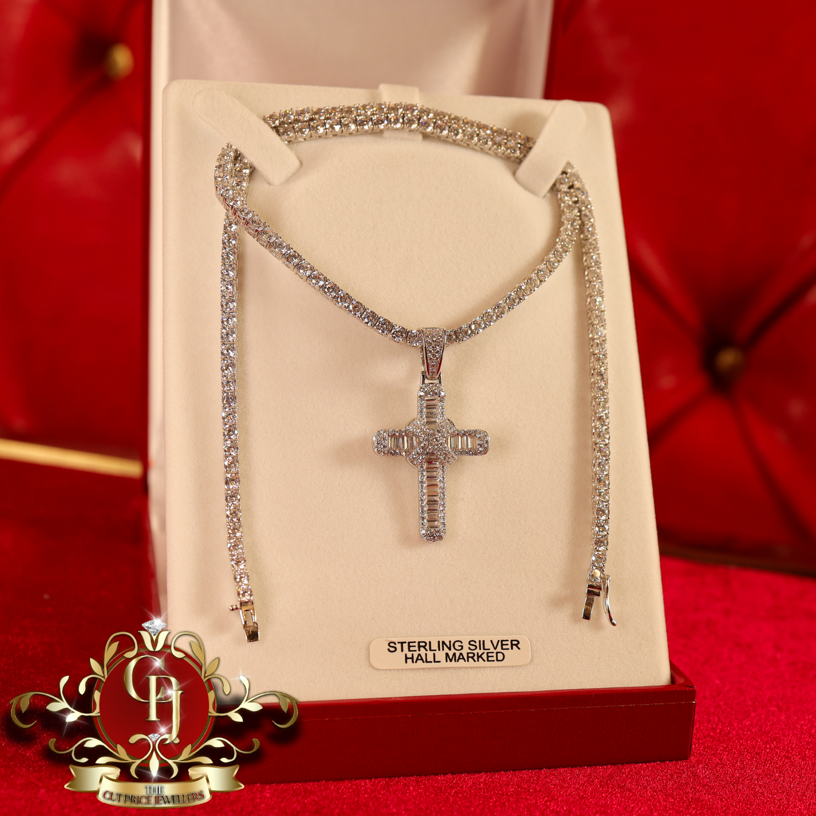 Sterling Silver "Nevada" Tennis Chain & Cross with Cubic Zirconia