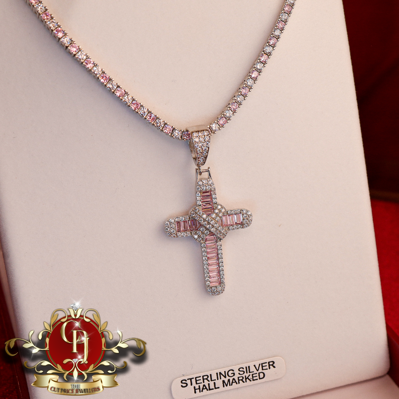 Sterling Silver Tennis Chain & Cross with Pink Cubic Zirconia